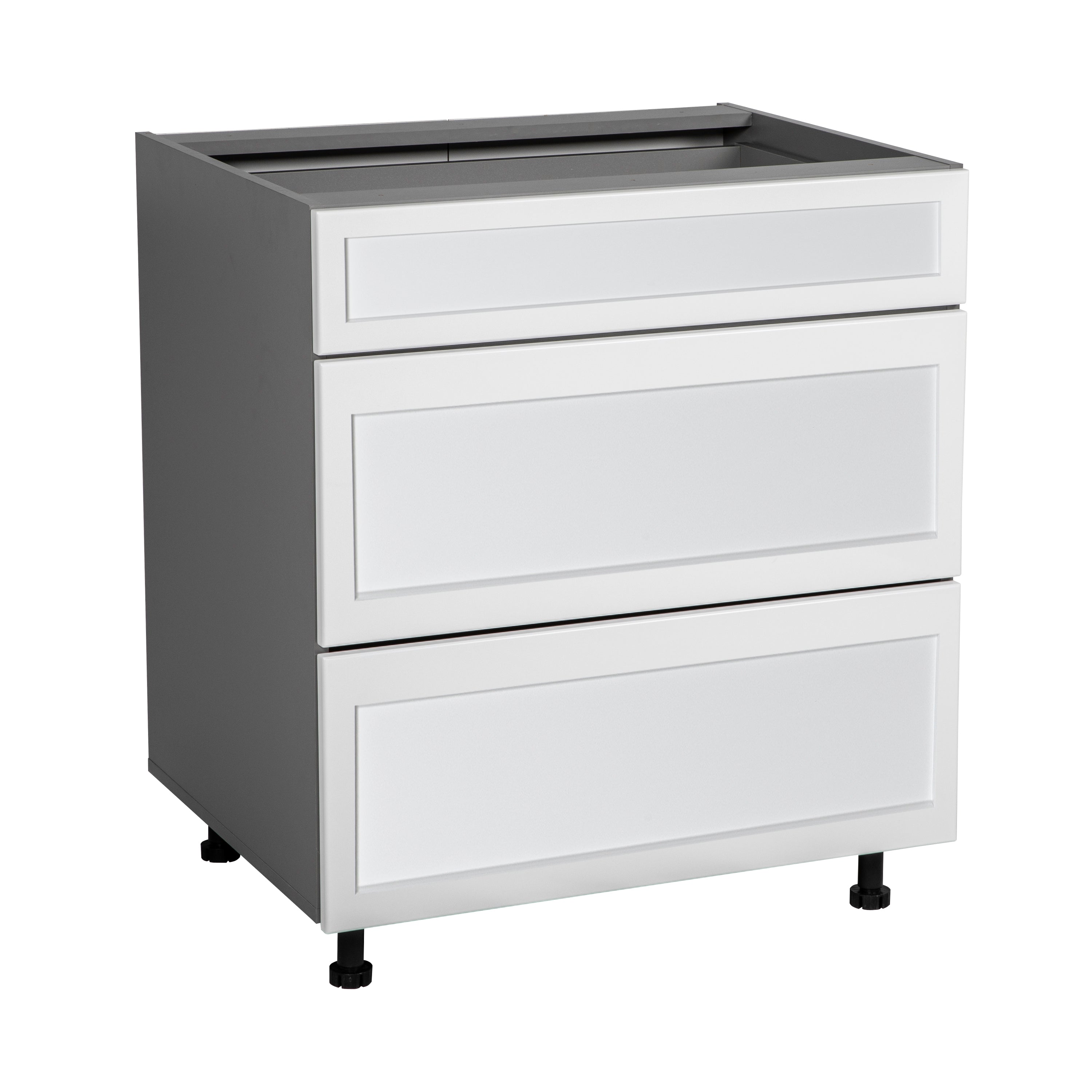 30" Base Cabinet-Double Door-Three Drawer-with Natural Teak door White