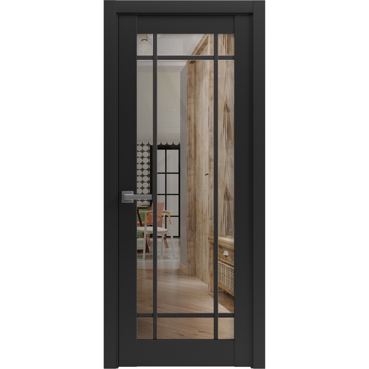 Solid French Door Clear Glass | Lucia 2266 Matte Black and Aluminum Strips | Single Regular Panel Frame Trims Handle | Bathroom Bedroom Sturdy Doors -28" x 96" Black Matte