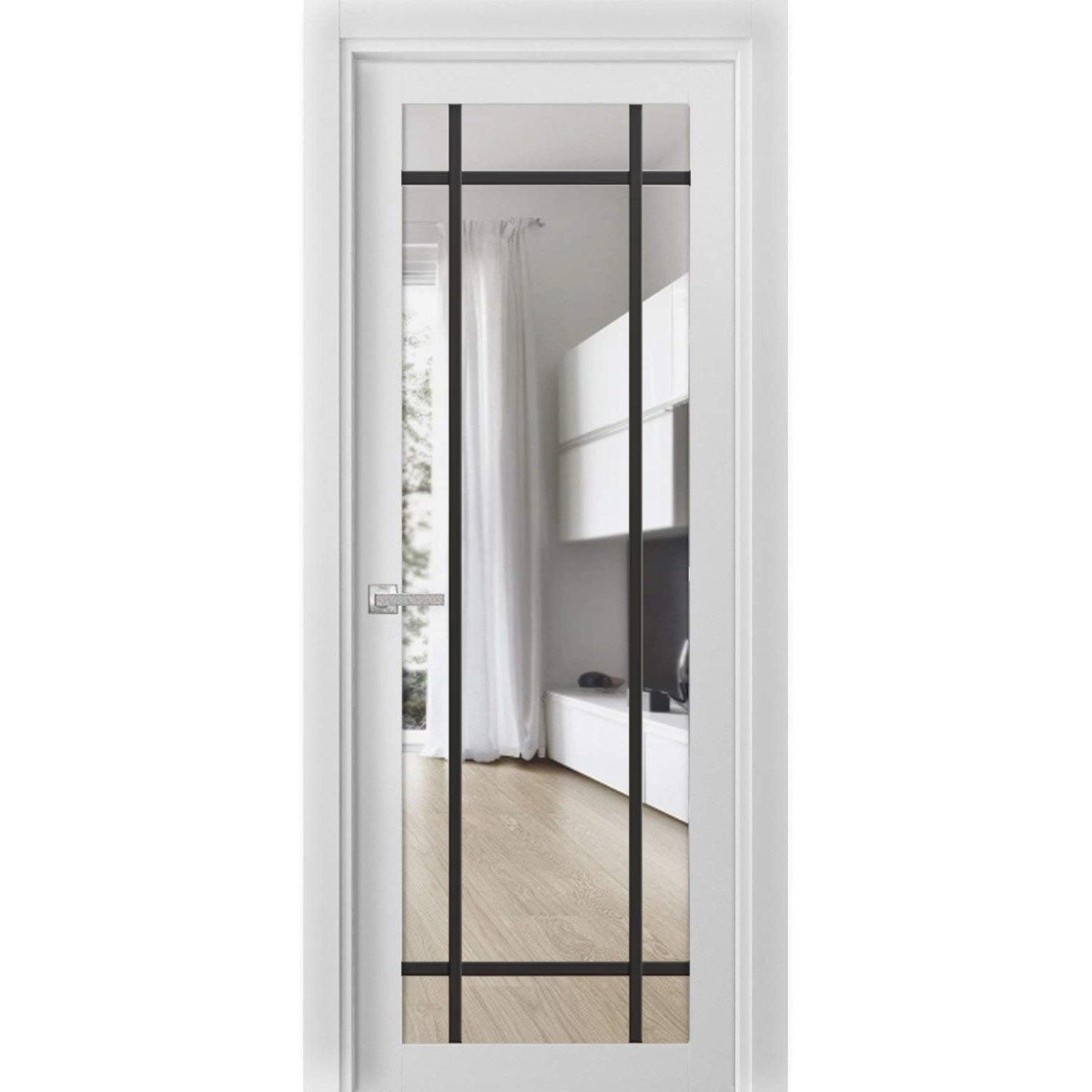 Solid French Door Clear Glass | Lucia 2266 Matte Black and Aluminum Strips | Single Regular Panel Frame Trims Handle | Bathroom Bedroom Sturdy Doors -28" x 96" White
