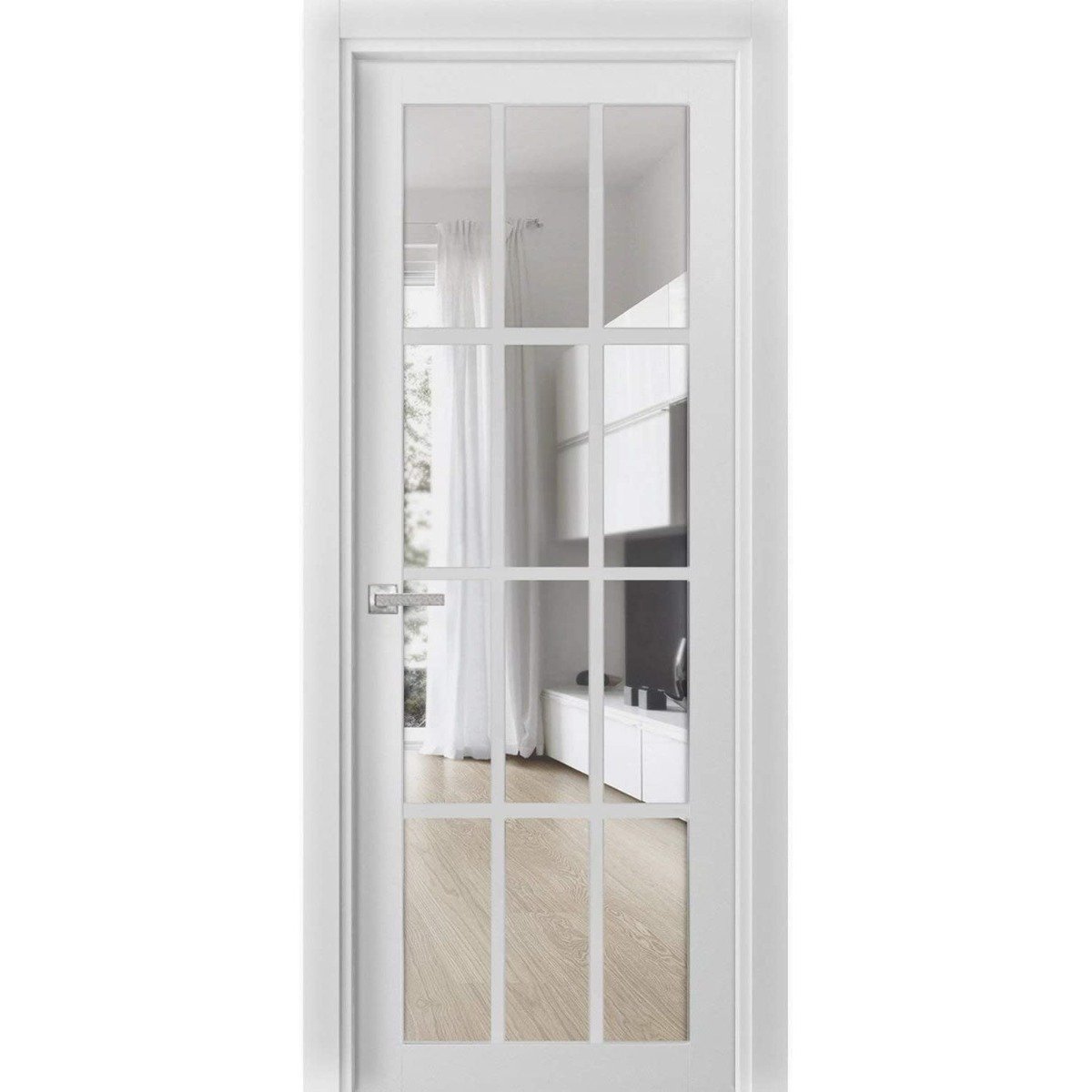 Solid Interior French | Felicia 3355 Matte Black with Clear Glass | Single Regular Panel Frame Trims Handle | Bathroom Bedroom Sturdy Doors -30" x 84" White