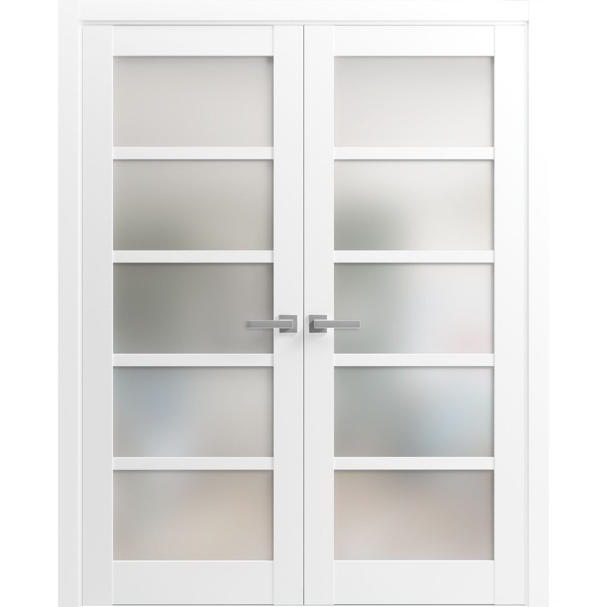 French Double Panel Lite Doors with Hardware | Quadro 4002 White Silk with Frosted Opaque Glass | Panel Frame Trims | Bathroom Bedroom Interior Sturdy Door-56" x 80" (2* 28x80)-Butterfly-Frosted Glass