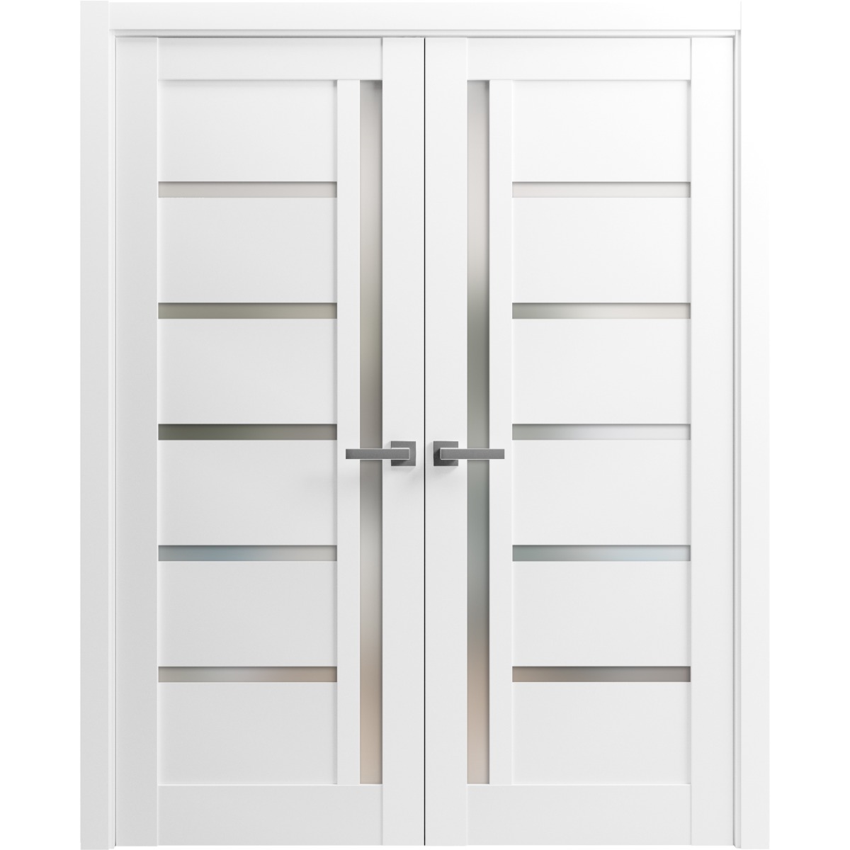 French Double Panel Lite Doors with Hardware | Quadro 4088 White Silk with Frosted Opaque Glass | Panel Frame Trims | Bathroom Bedroom Interior Sturdy Door-48" x 84" (2* 24x84)-Butterfly-Frosted Glass