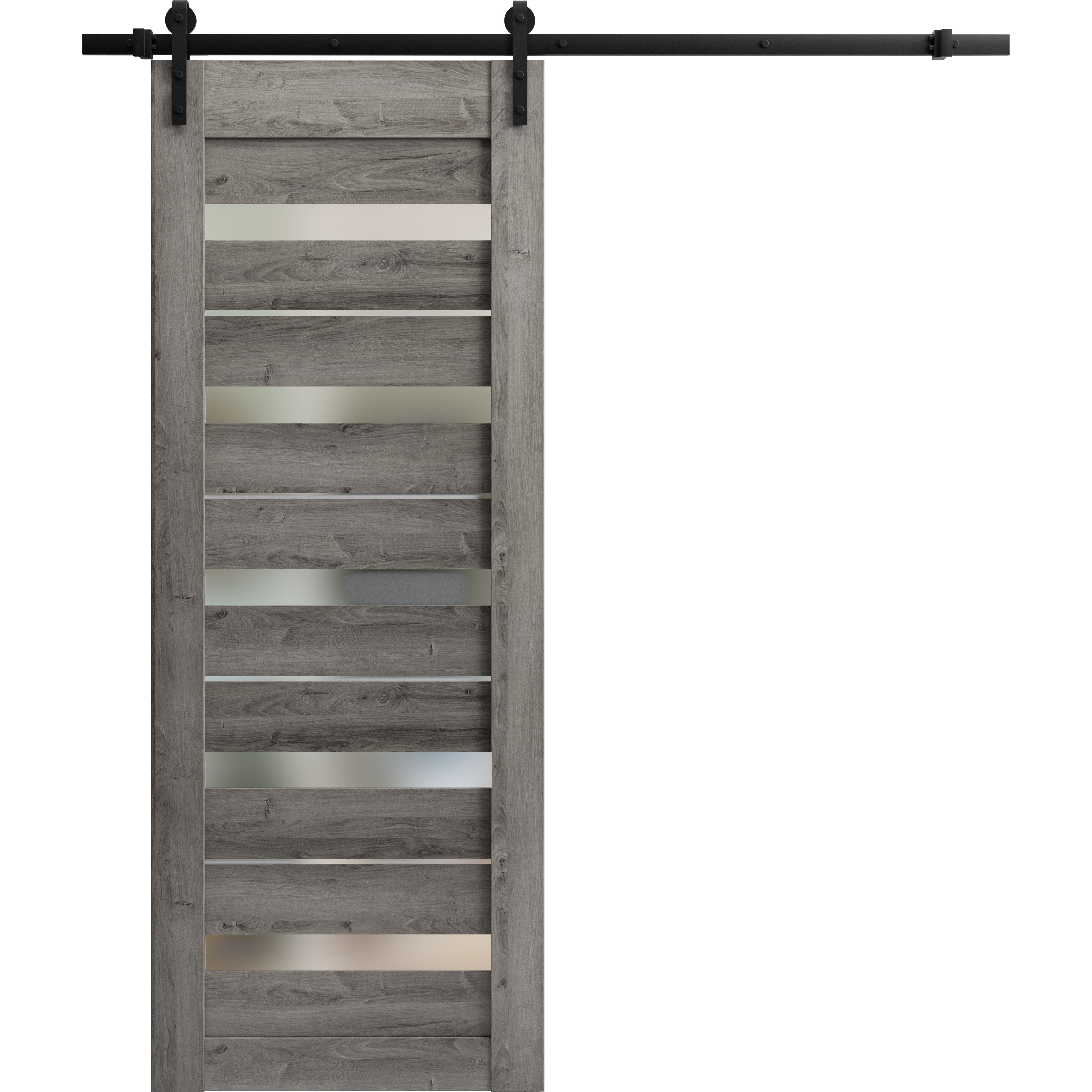 Sturdy Barn Door Frosted Glass | Quadro 4445 White Silk | 6.6FT Rail Hangers Heavy Hardware Set | Solid Panel Interior Doors-24" x 84" Nebraska Grey