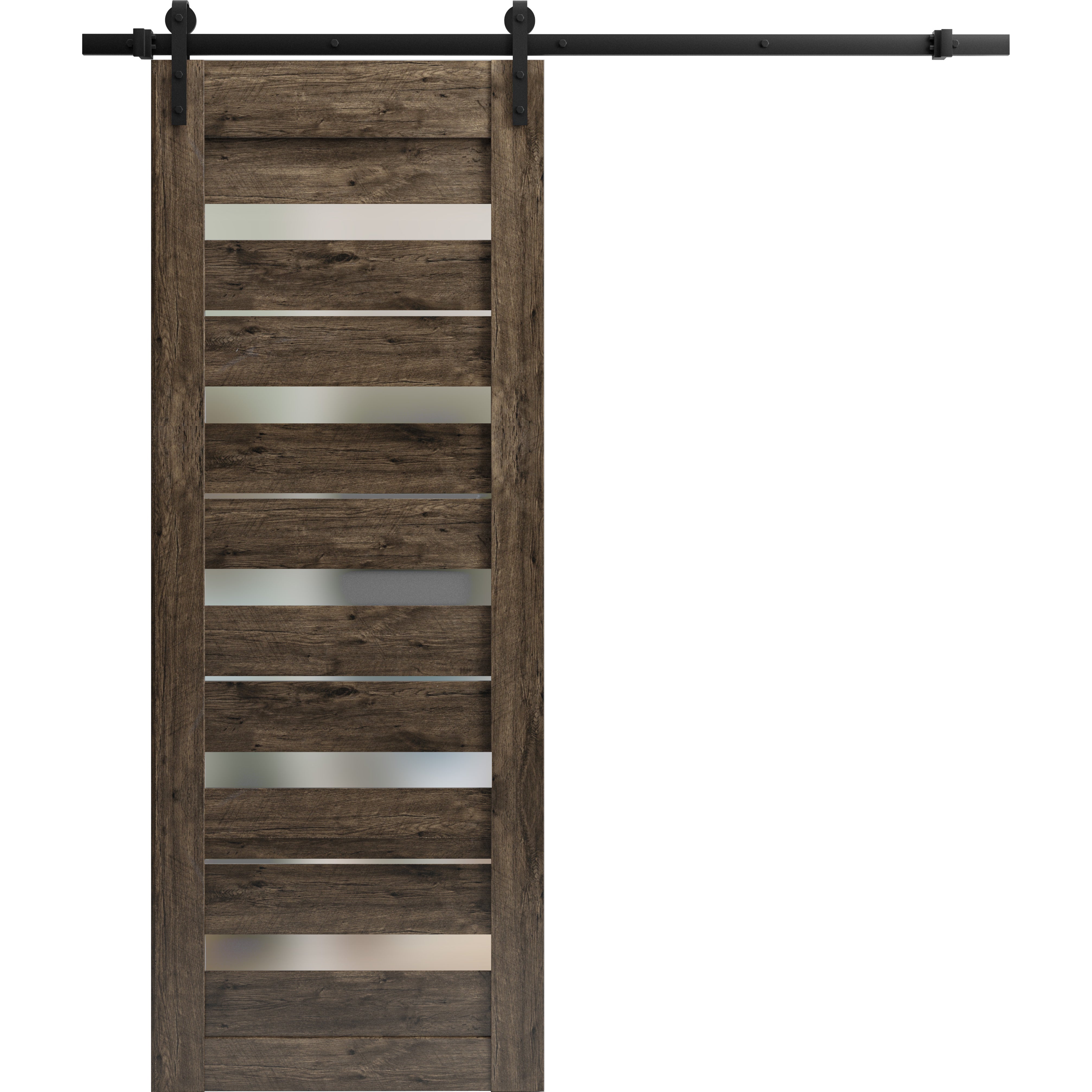 Sturdy Barn Door Frosted Glass | Quadro 4445 White Silk | 6.6FT Rail Hangers Heavy Hardware Set | Solid Panel Interior Doors-24" x 84" Cognac Oak