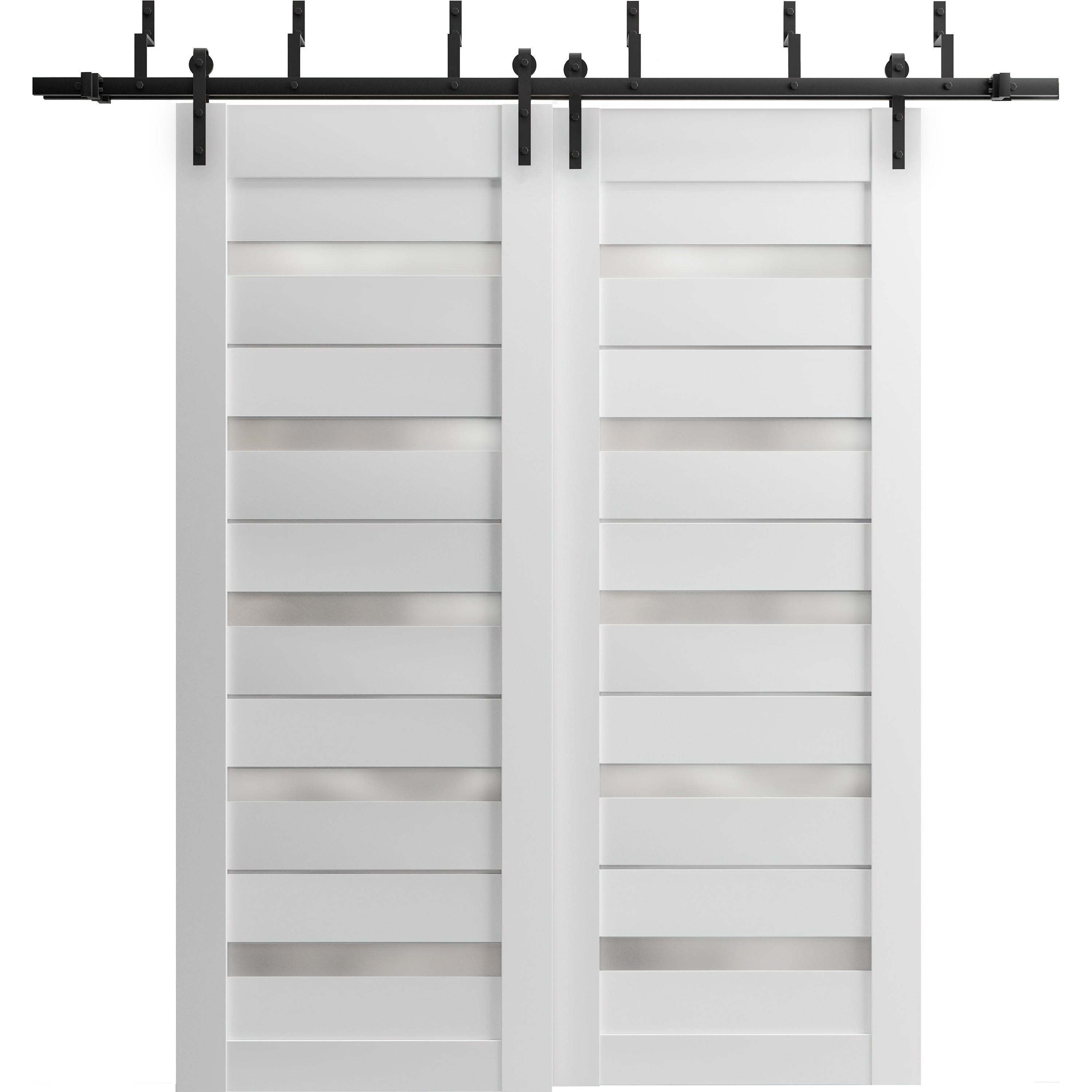 Sliding Closet Barn Bypass Doors with Frosted Glass | Quadro 4445 Light Grey Oak | Sturdy 6.6ft Rails Hardware Set | Wood Solid Bedroom Wardrobe Doors -84" x 80" (2* 42x80) White