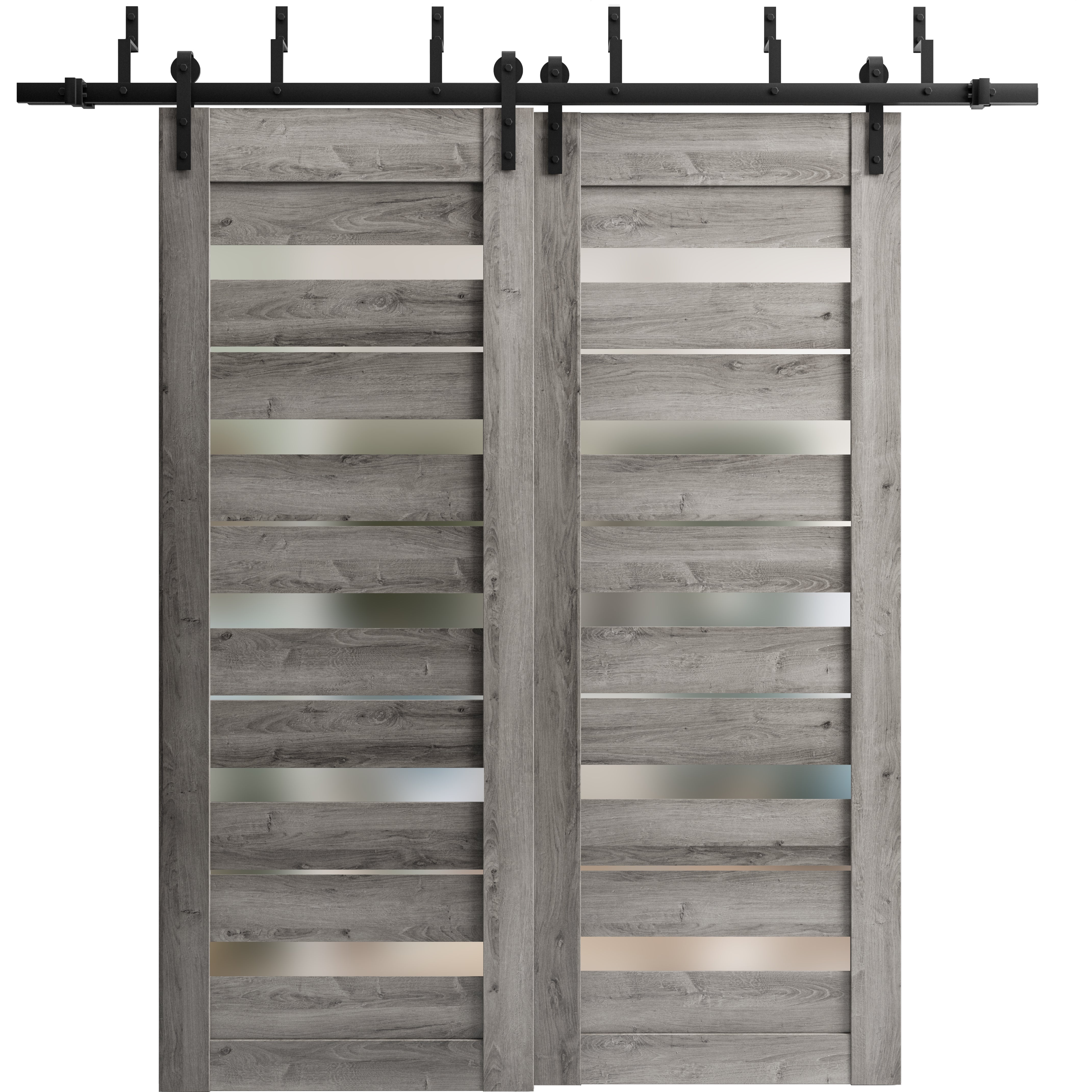 Sliding Closet Barn Bypass Doors with Frosted Glass | Quadro 4445 Light Grey Oak | Sturdy 6.6ft Rails Hardware Set | Wood Solid Bedroom Wardrobe Doors -84" x 80" (2* 42x80) Nebraska Grey