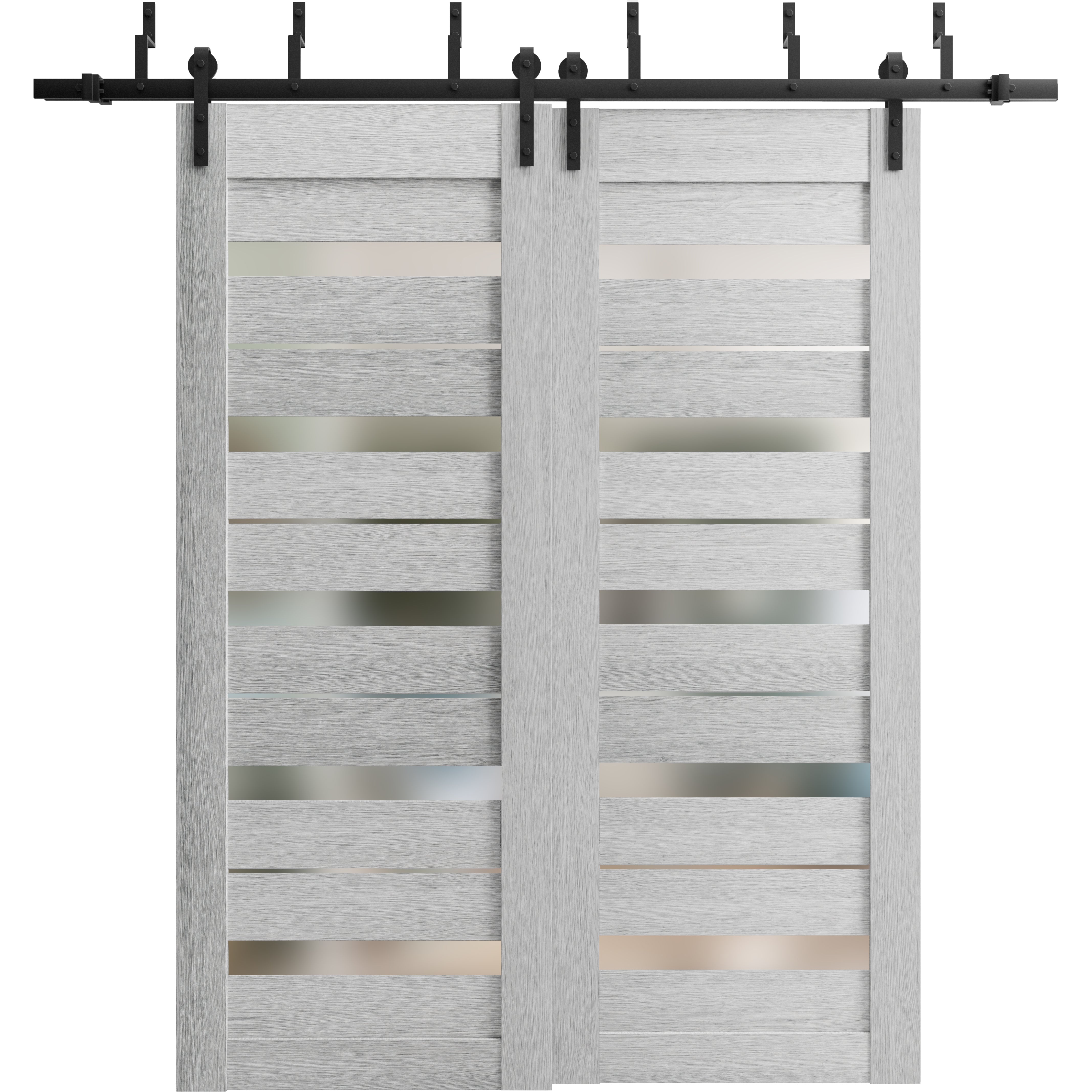 Sliding Closet Barn Bypass Doors with Frosted Glass | Quadro 4445 Light Grey Oak | Sturdy 6.6ft Rails Hardware Set | Wood Solid Bedroom Wardrobe Doors -84" x 80" (2* 42x80) Light Grey Oak