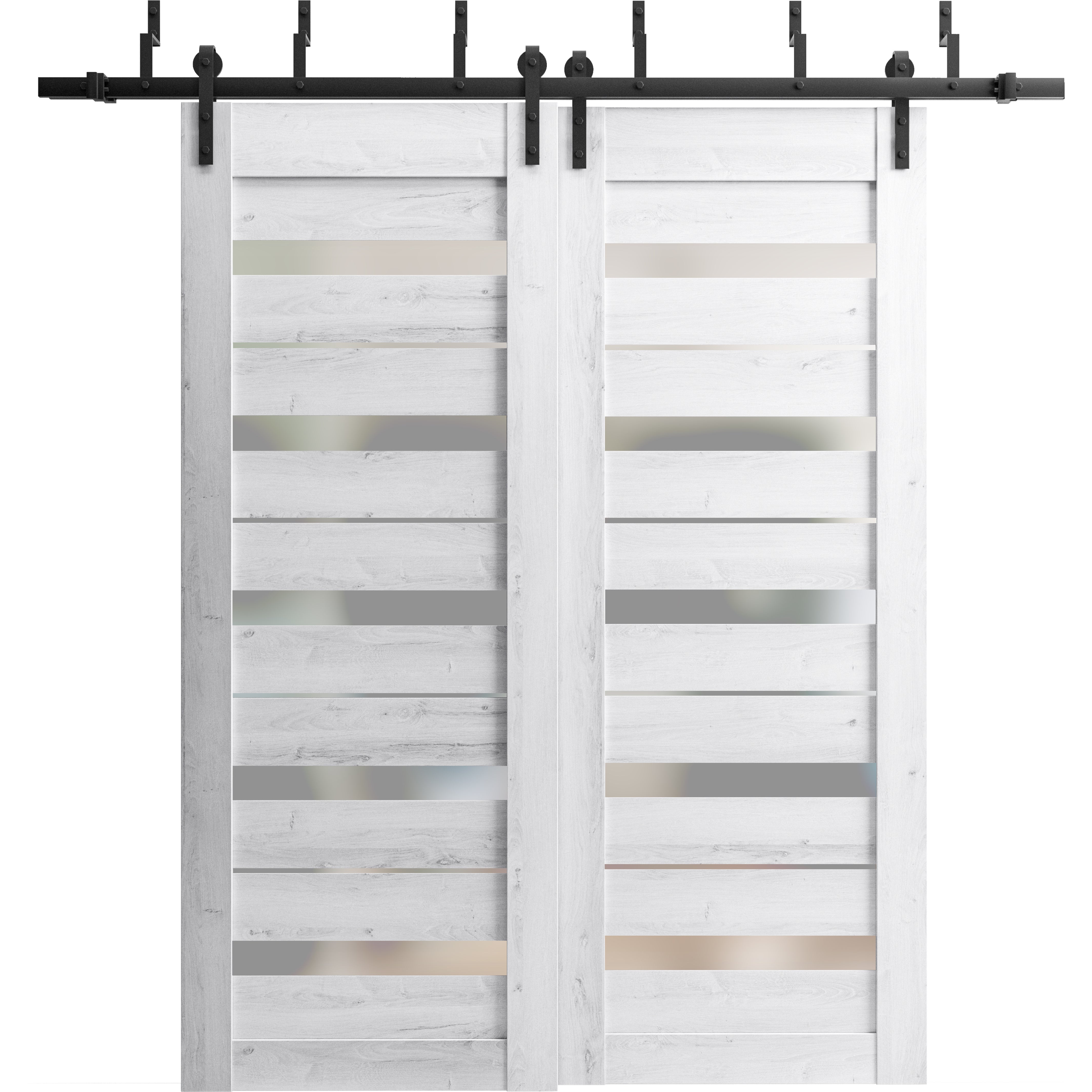 Sliding Closet Barn Bypass Doors with Frosted Glass | Quadro 4445 Light Grey Oak | Sturdy 6.6ft Rails Hardware Set | Wood Solid Bedroom Wardrobe Doors -84" x 80" (2* 42x80) Nordic White