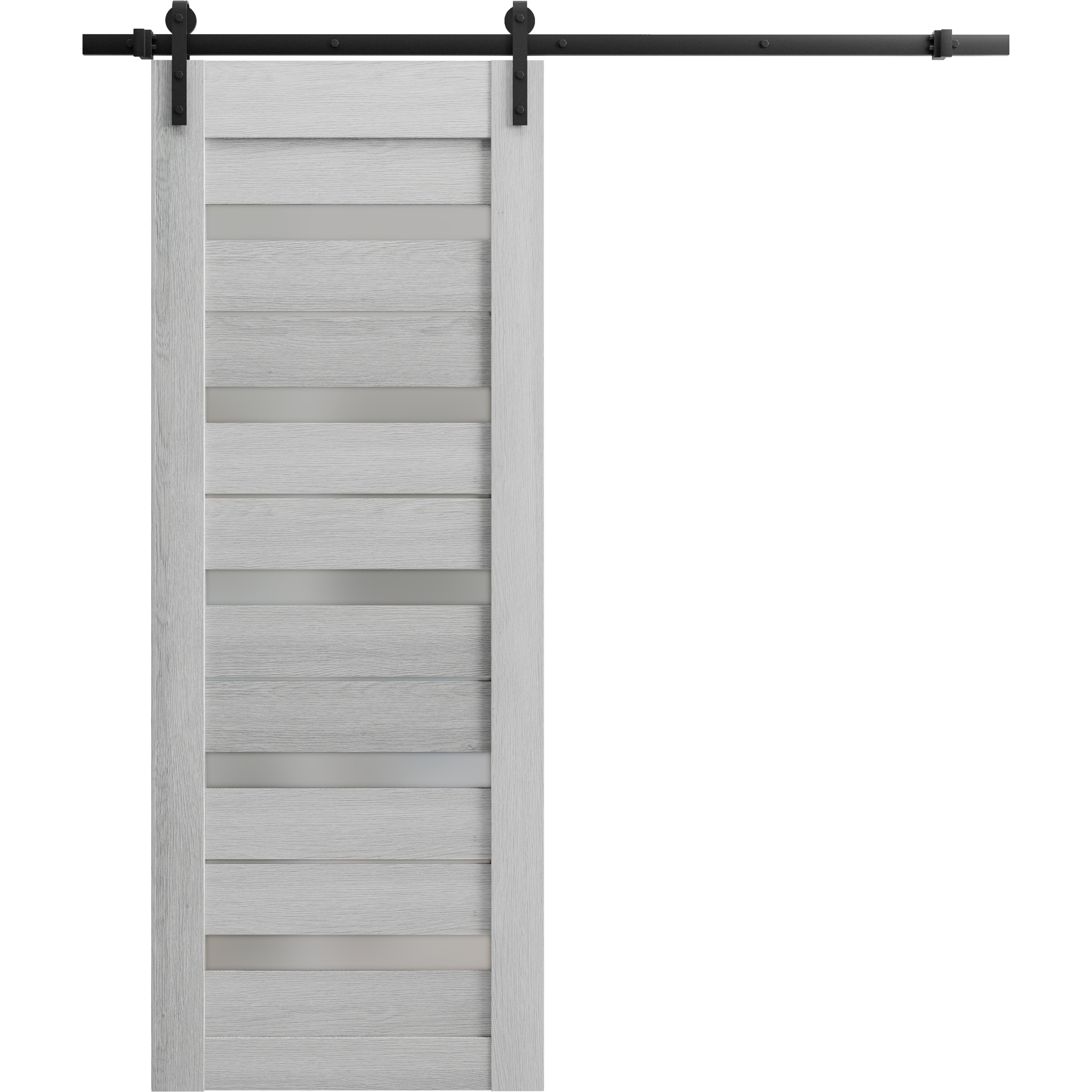 Sturdy Barn Door Frosted Glass | Quadro 4445 White Silk | 6.6FT Rail Hangers Heavy Hardware Set | Solid Panel Interior Doors-24" x 84" Light Grey Oak