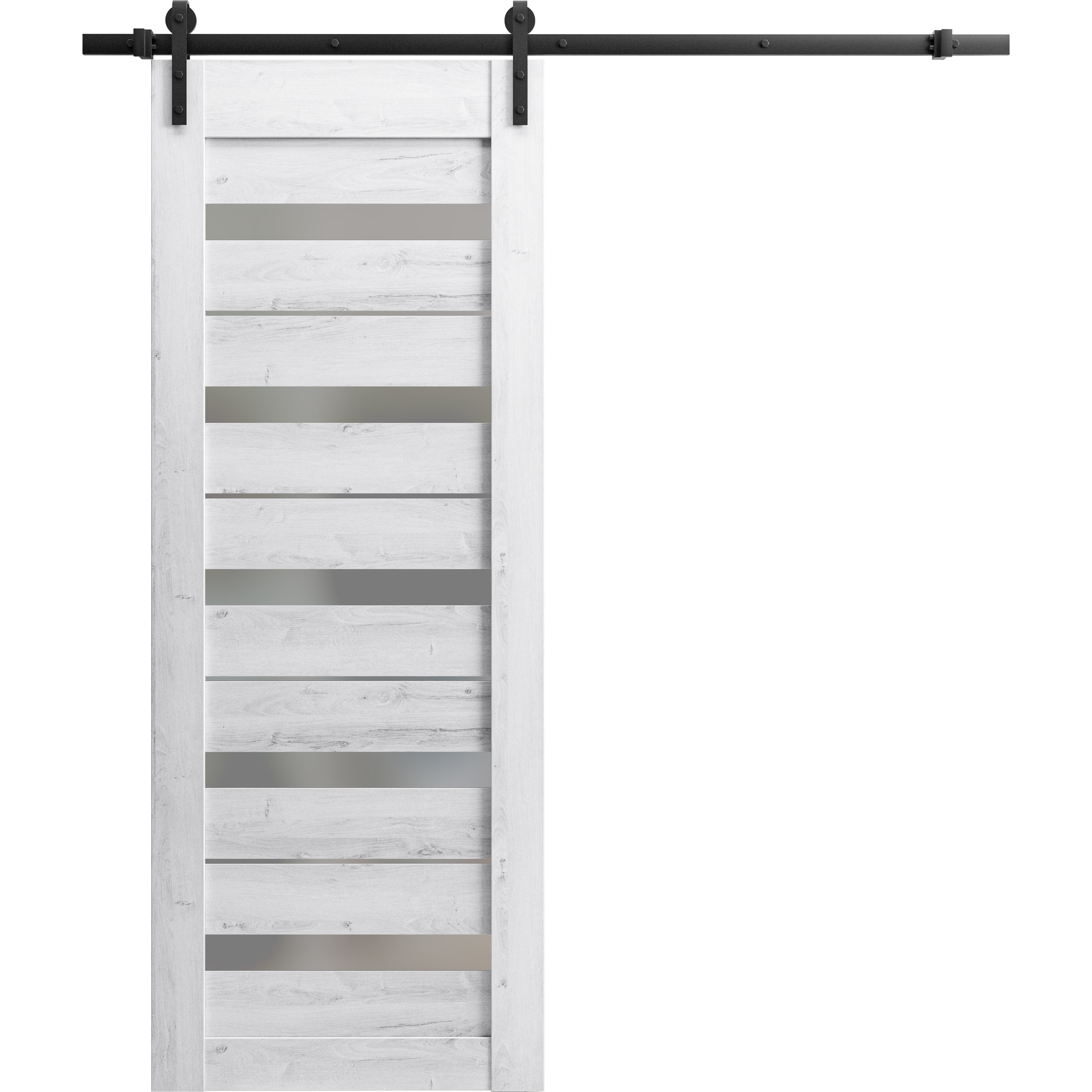 Sturdy Barn Door Frosted Glass | Quadro 4445 White Silk | 6.6FT Rail Hangers Heavy Hardware Set | Solid Panel Interior Doors-24" x 84" Nordic White