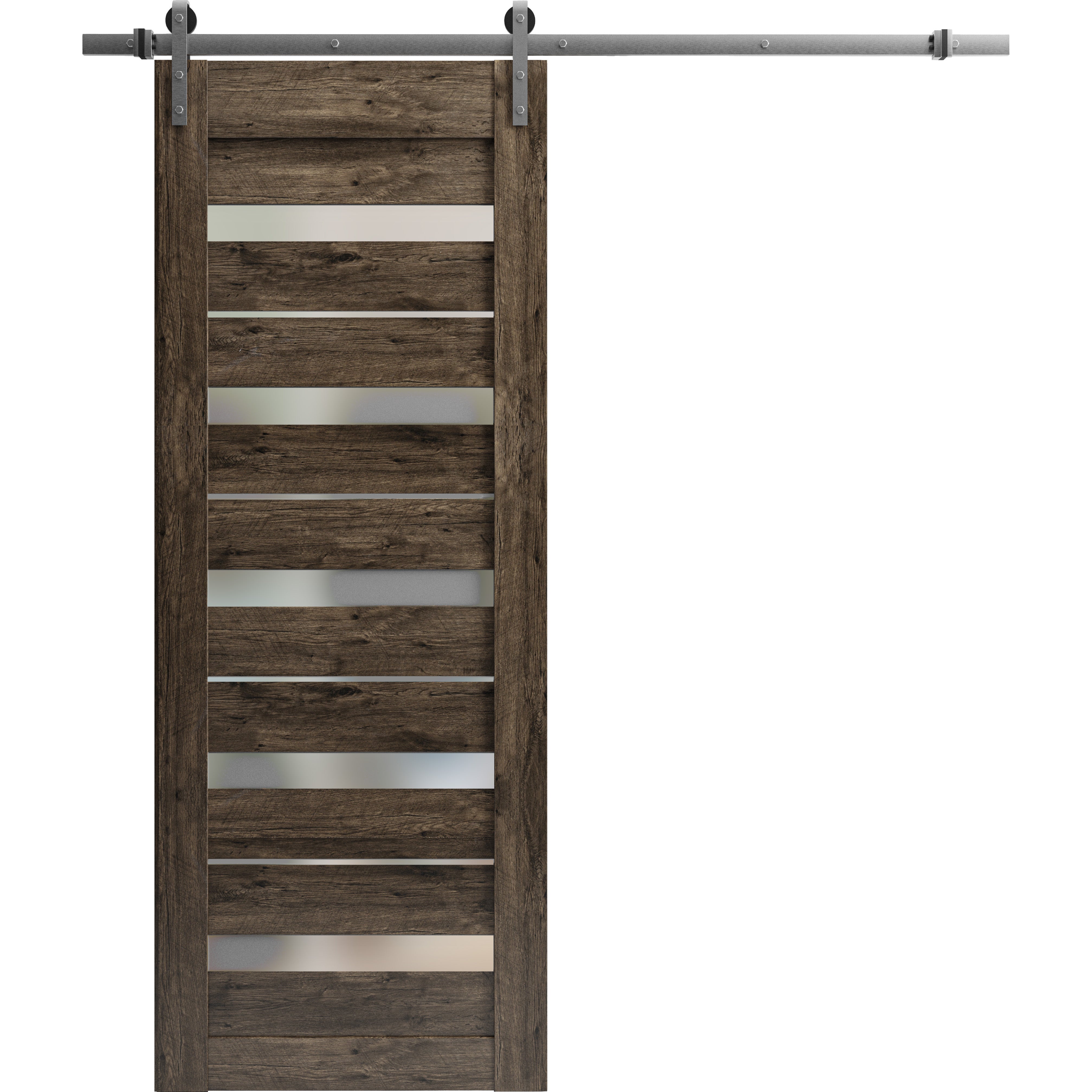 Sturdy Barn Door | Quadro 4445 Cognac Oak with Frosted Glass | 6.6FT Silver Rail Hangers Heavy Hardware Set | Solid Panel Interior Doors Cognac Oak