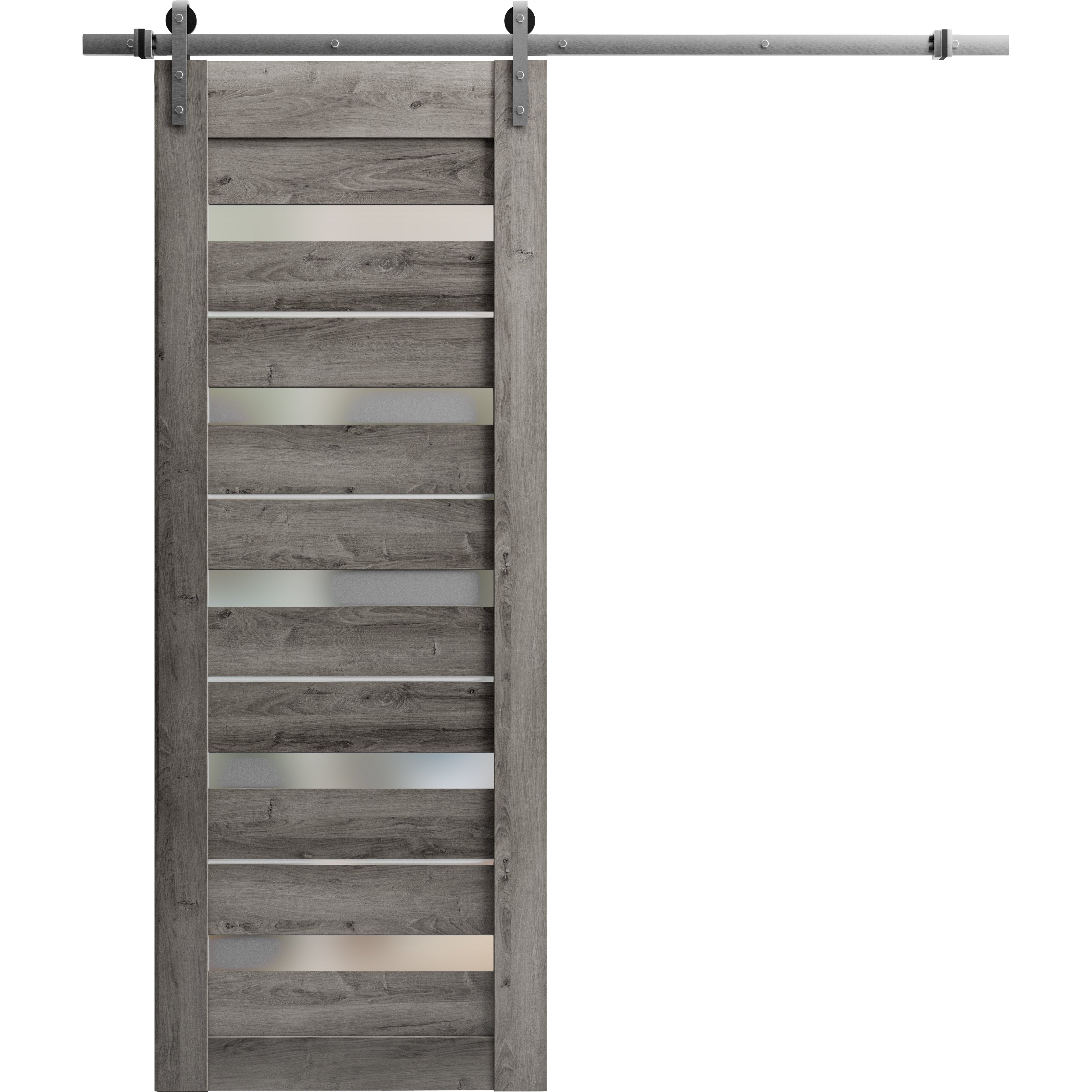 Sturdy Barn Door | Quadro 4445 Cognac Oak with Frosted Glass | 6.6FT Silver Rail Hangers Heavy Hardware Set | Solid Panel Interior Doors Nebraska Grey