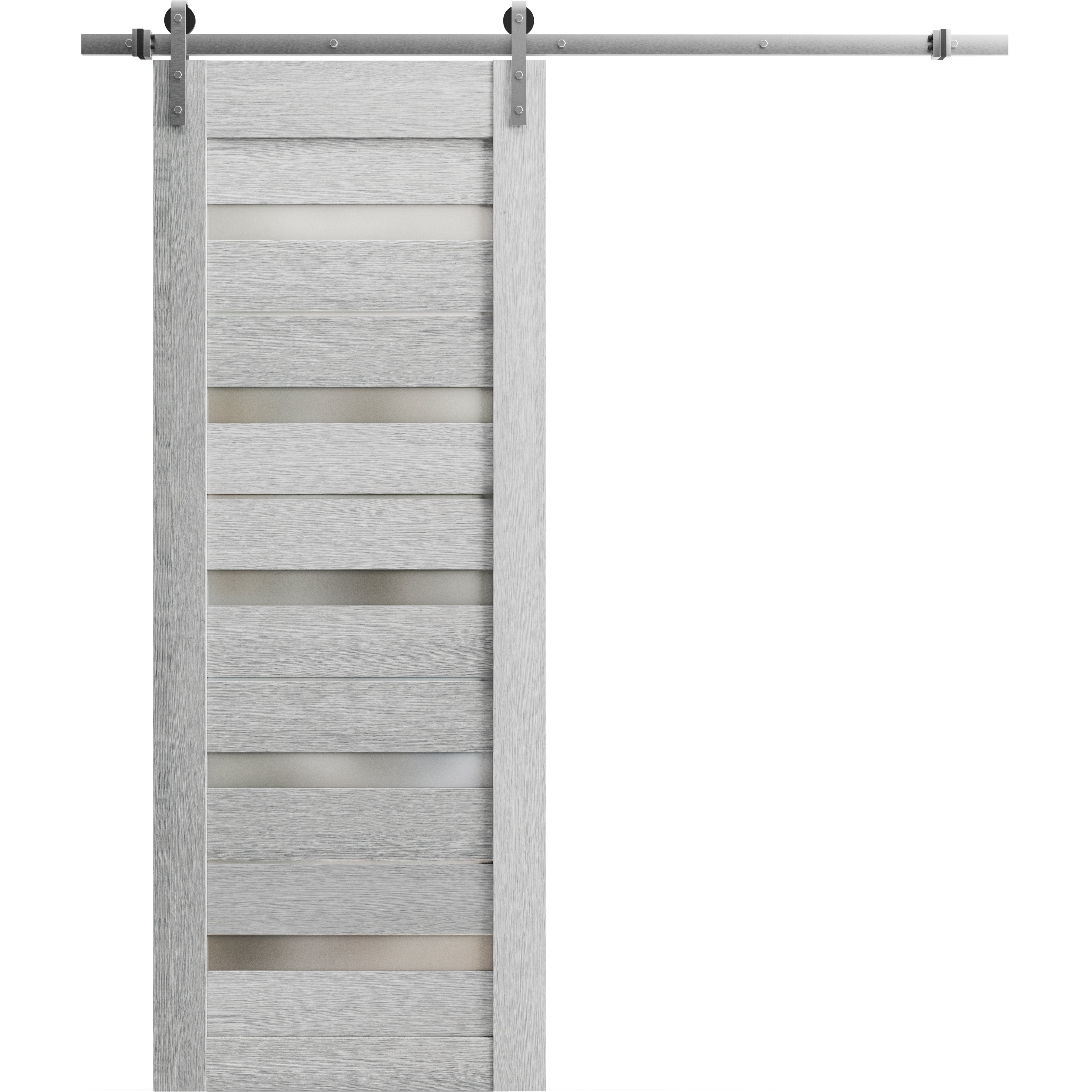 Sturdy Barn Door | Quadro 4445 Cognac Oak with Frosted Glass | 6.6FT Silver Rail Hangers Heavy Hardware Set | Solid Panel Interior Doors Light Grey Oak