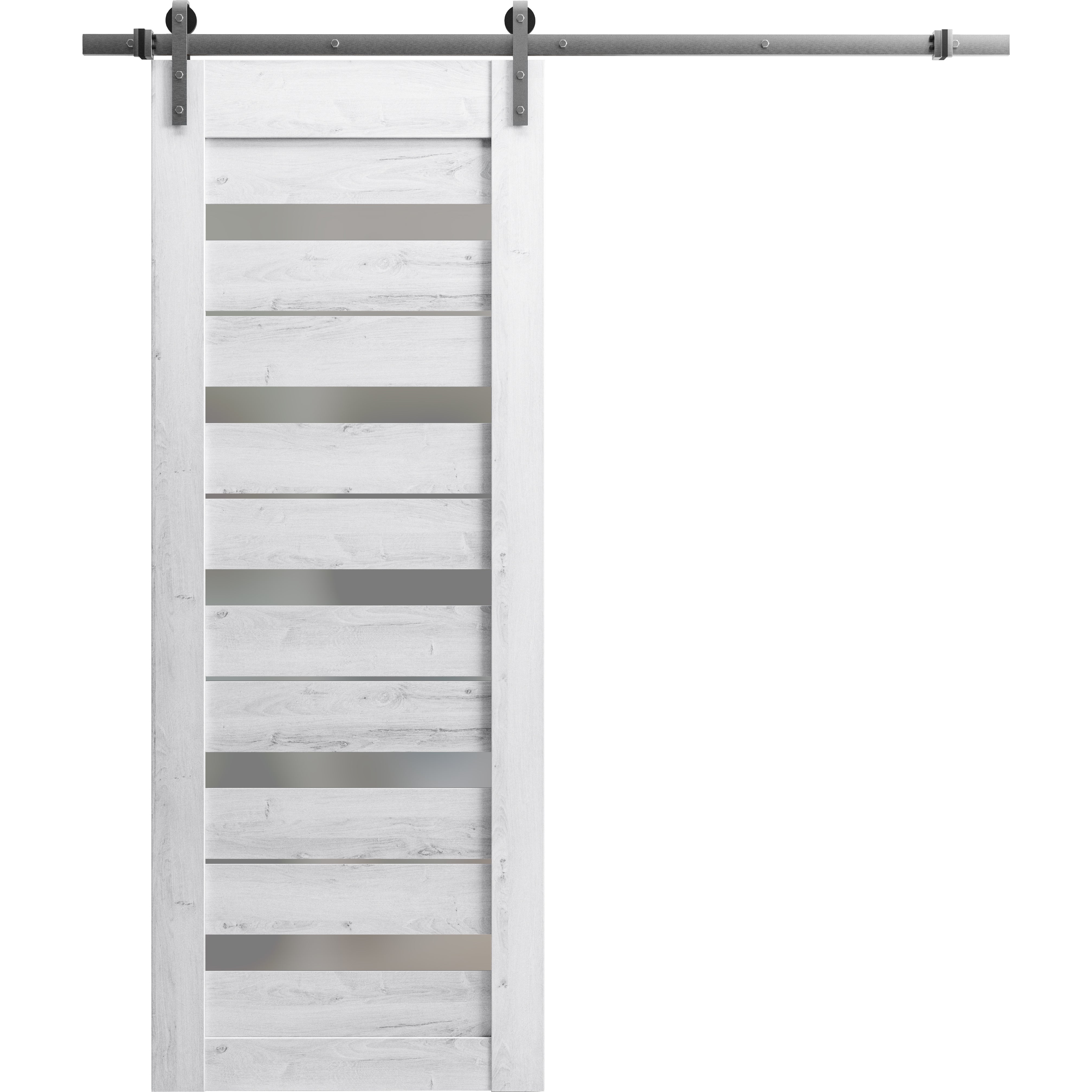 Sturdy Barn Door | Quadro 4445 Cognac Oak with Frosted Glass | 6.6FT Silver Rail Hangers Heavy Hardware Set | Solid Panel Interior Doors Nordic White