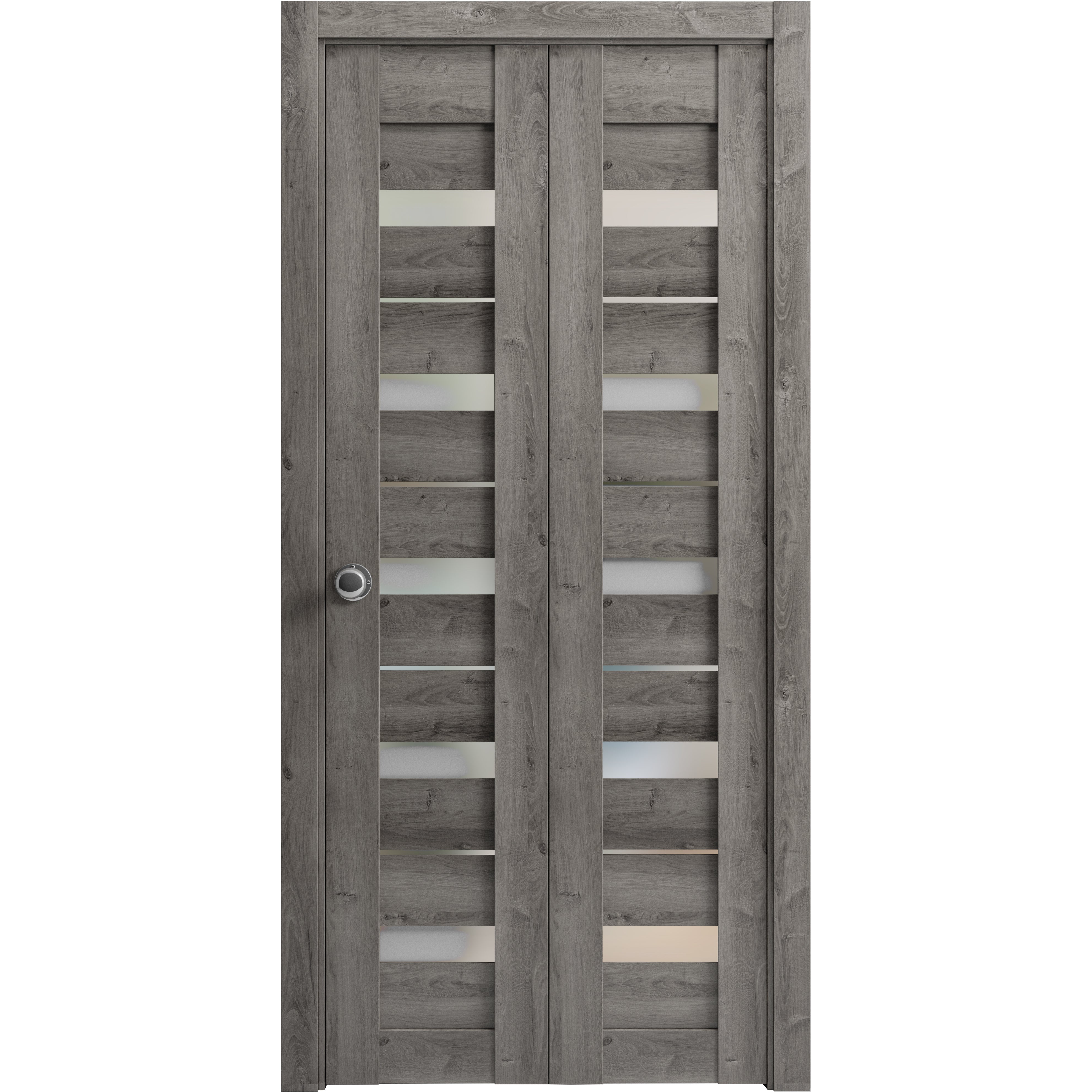Sliding Closet Bi-fold Doors | Quadro 4445 Nordic White with Frosted Glass | Sturdy Tracks Moldings Trims Hardware Set | Wood Solid Bedroom Wardrobe Doors  Nebraska Grey