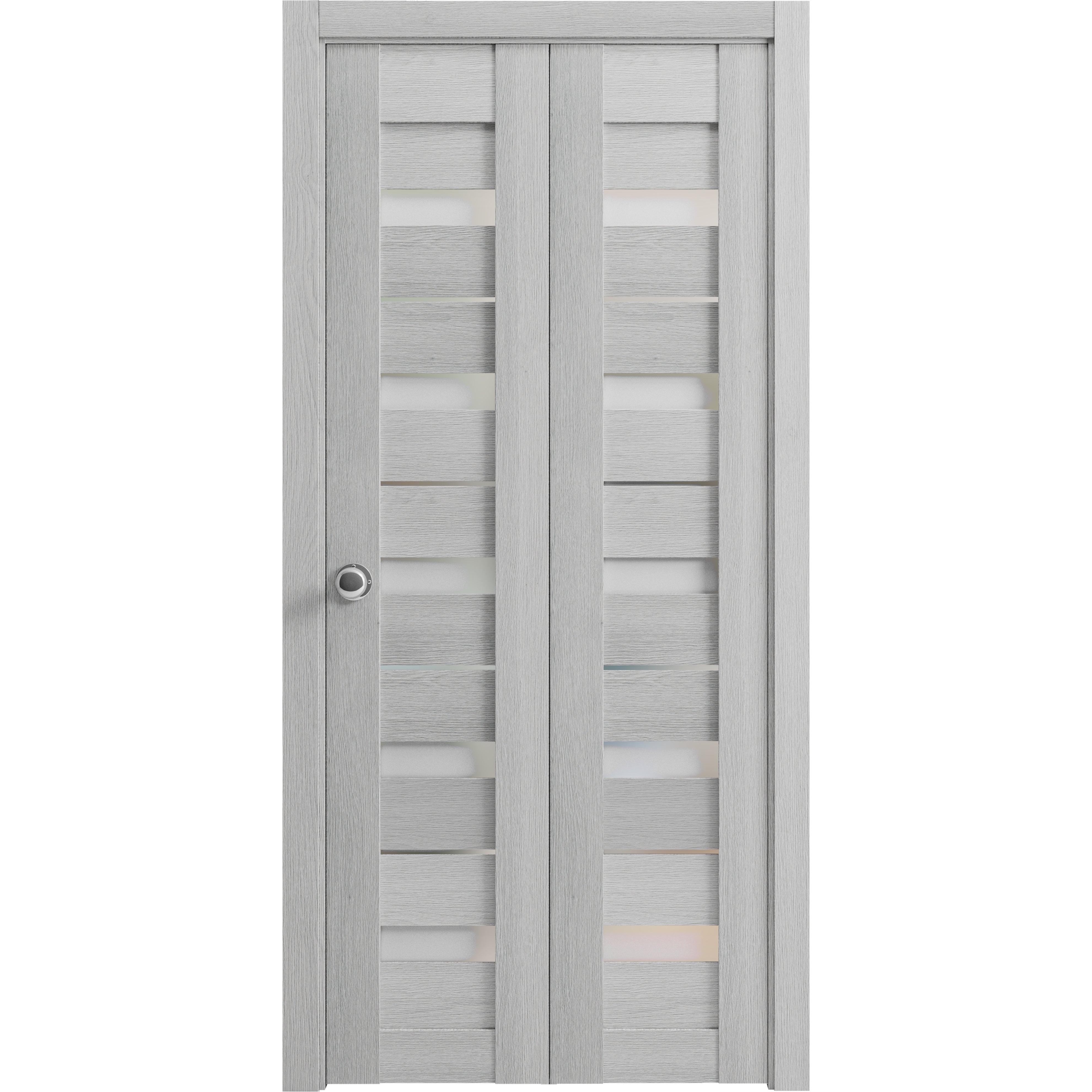 Sliding Closet Bi-fold Doors | Quadro 4445 Nordic White with Frosted Glass | Sturdy Tracks Moldings Trims Hardware Set | Wood Solid Bedroom Wardrobe Doors  Light Grey Oak