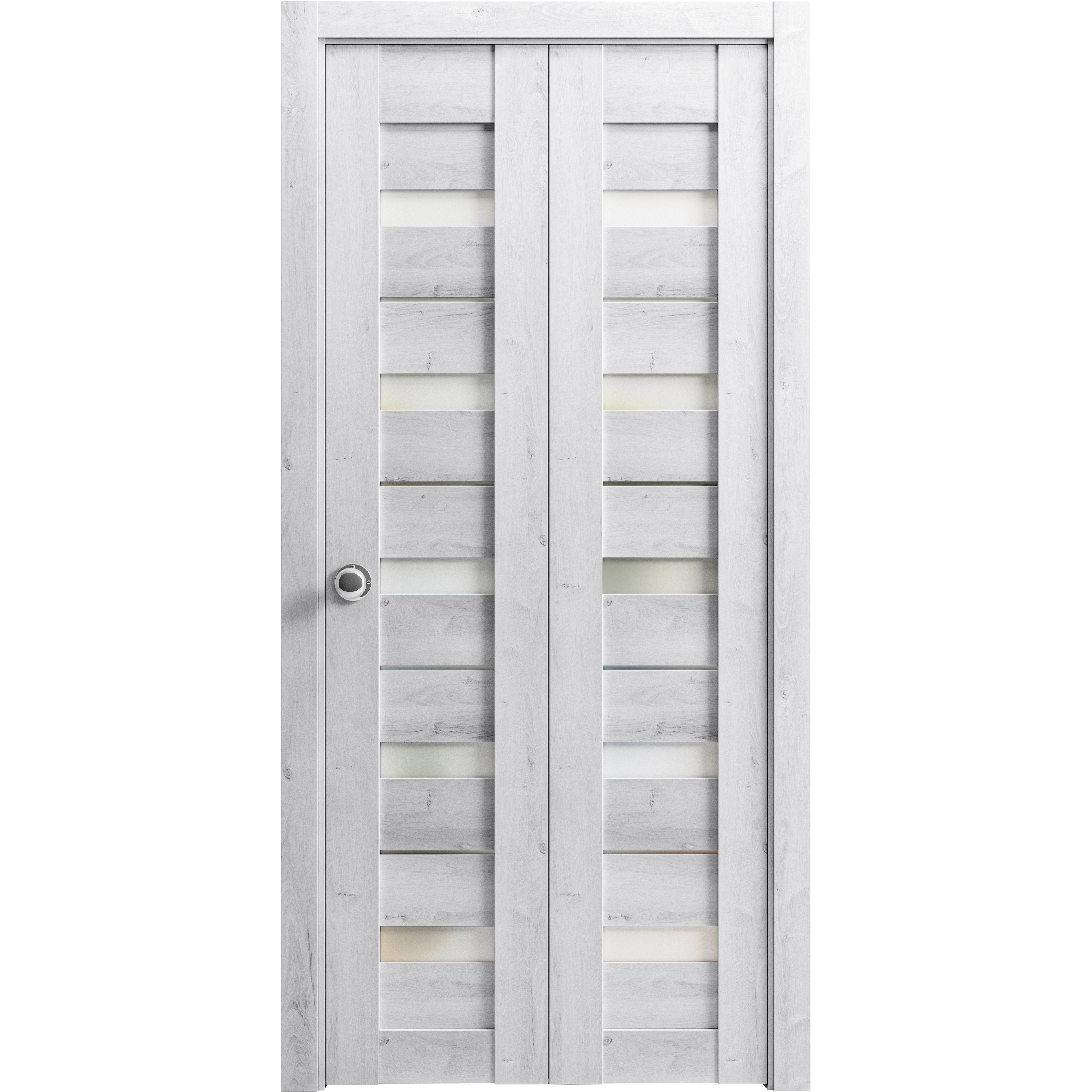 Sliding Closet Bi-fold Doors | Quadro 4445 Nordic White with Frosted Glass | Sturdy Tracks Moldings Trims Hardware Set | Wood Solid Bedroom Wardrobe Doors  Nordic White