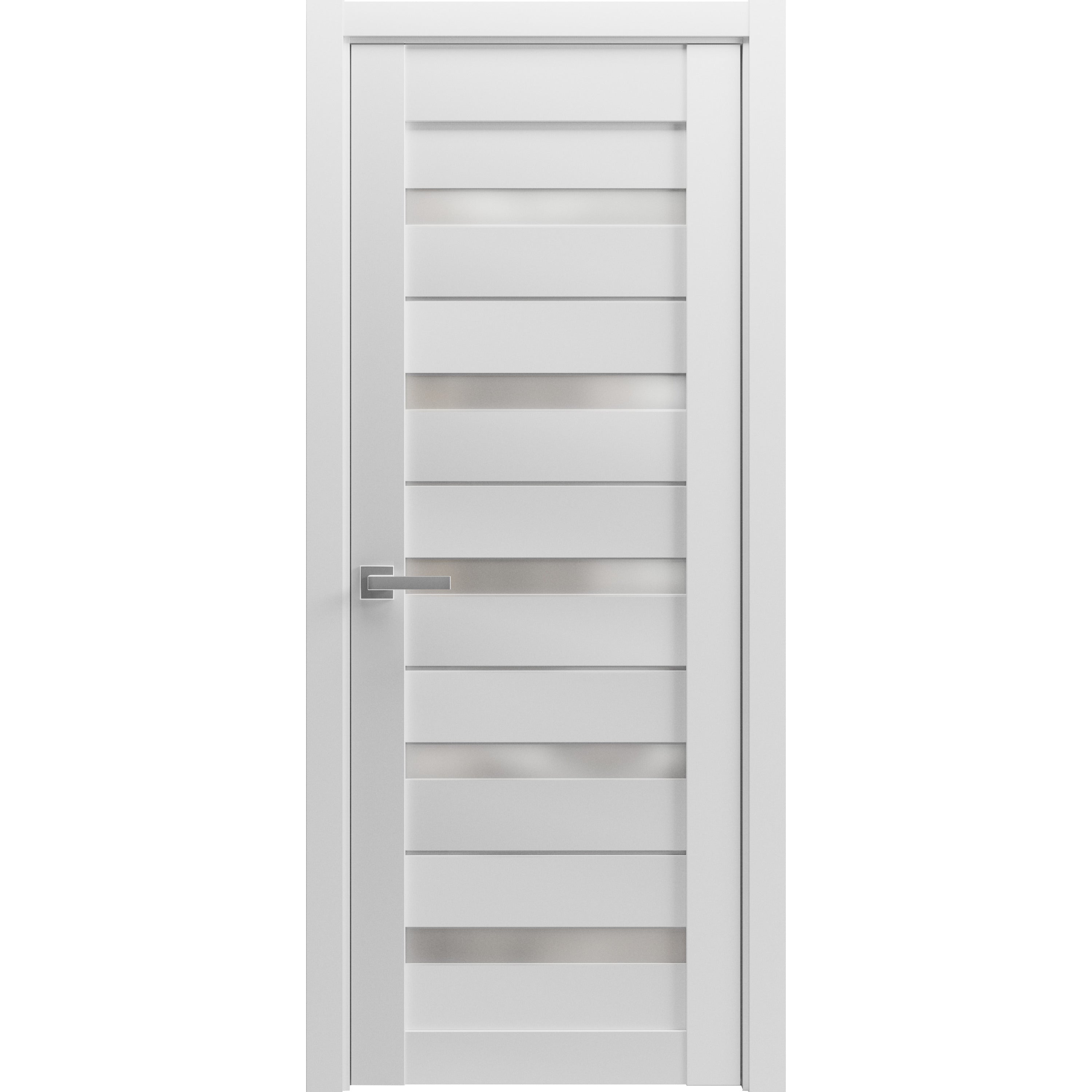 Solid French Door Frosted Glass | Quadro 4445 White Silk | Single Regular Panel Frame Trims Handle | Bathroom Bedroom Sturdy Doors -42" x 80" White