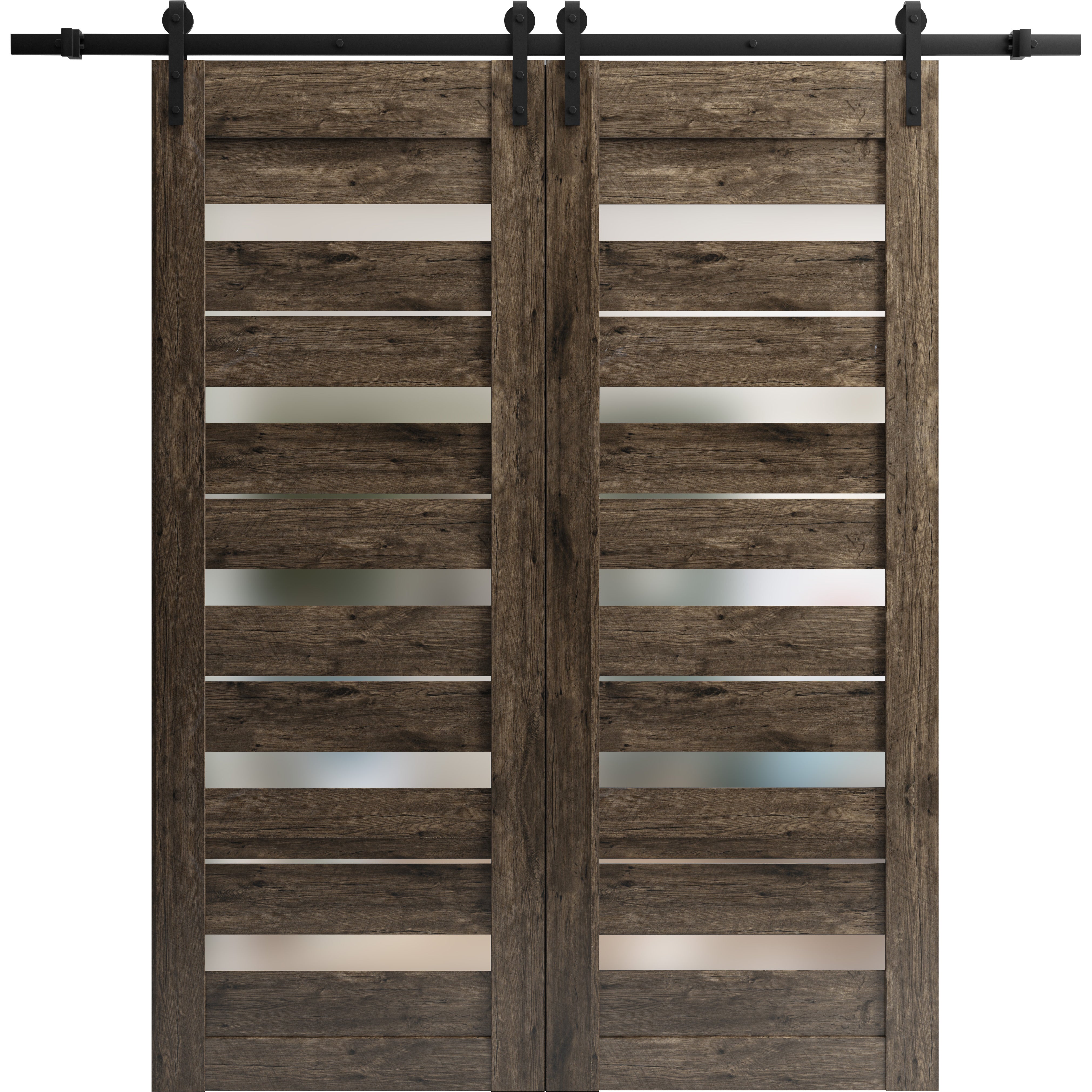 Sturdy Double Barn Door with Frosted Glass | Quadro 4445 Nebraska Grey | 13FT Rail Hangers Heavy Set | Solid Panel Interior Doors-48" x 96" (2* 24x96) Cognac Oak