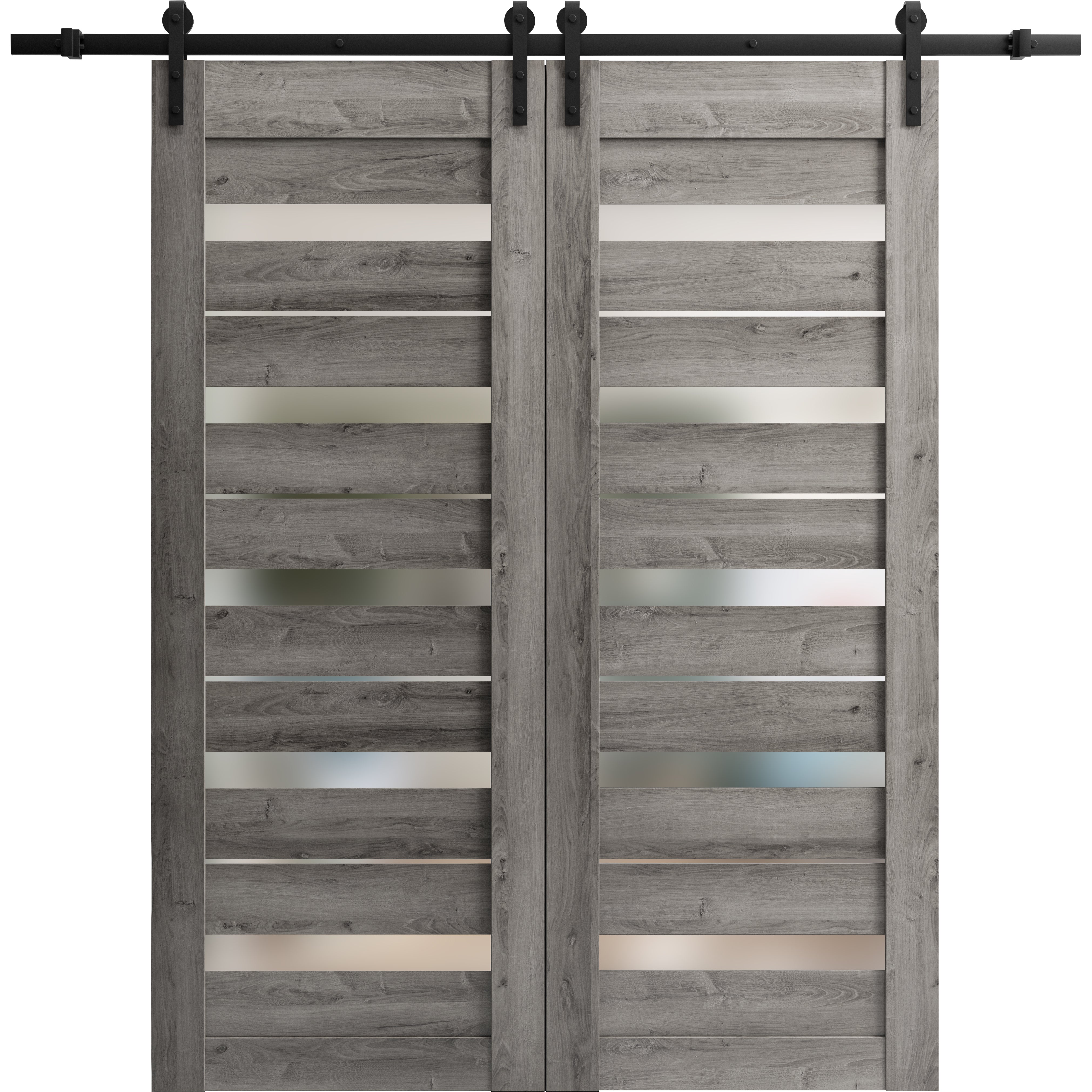Sturdy Double Barn Door with Frosted Glass | Quadro 4445 Nebraska Grey | 13FT Rail Hangers Heavy Set | Solid Panel Interior Doors-48" x 96" (2* 24x96) Nebraska Grey