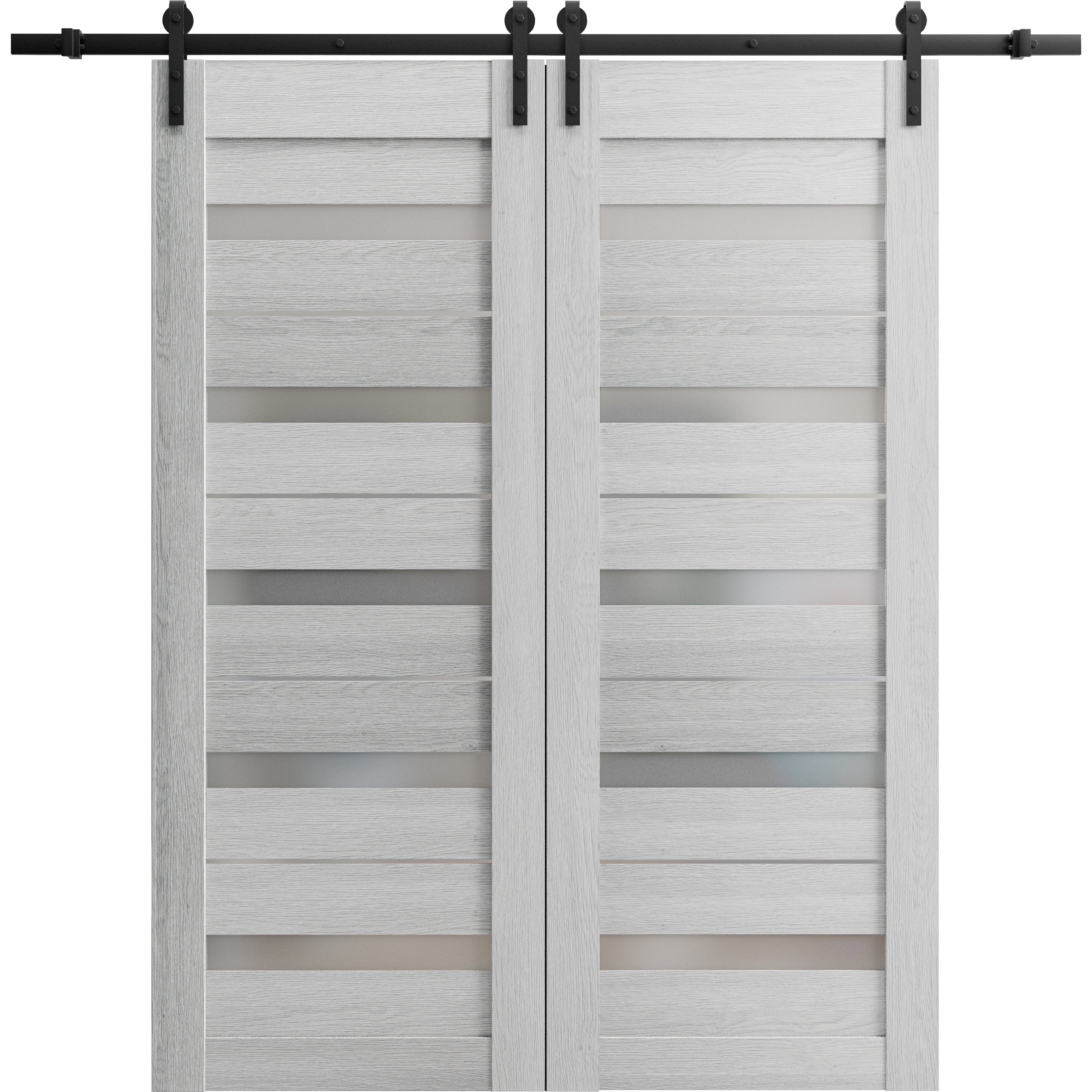 Sturdy Double Barn Door with Frosted Glass | Quadro 4445 Nebraska Grey | 13FT Rail Hangers Heavy Set | Solid Panel Interior Doors-48" x 96" (2* 24x96) Light Grey Oak