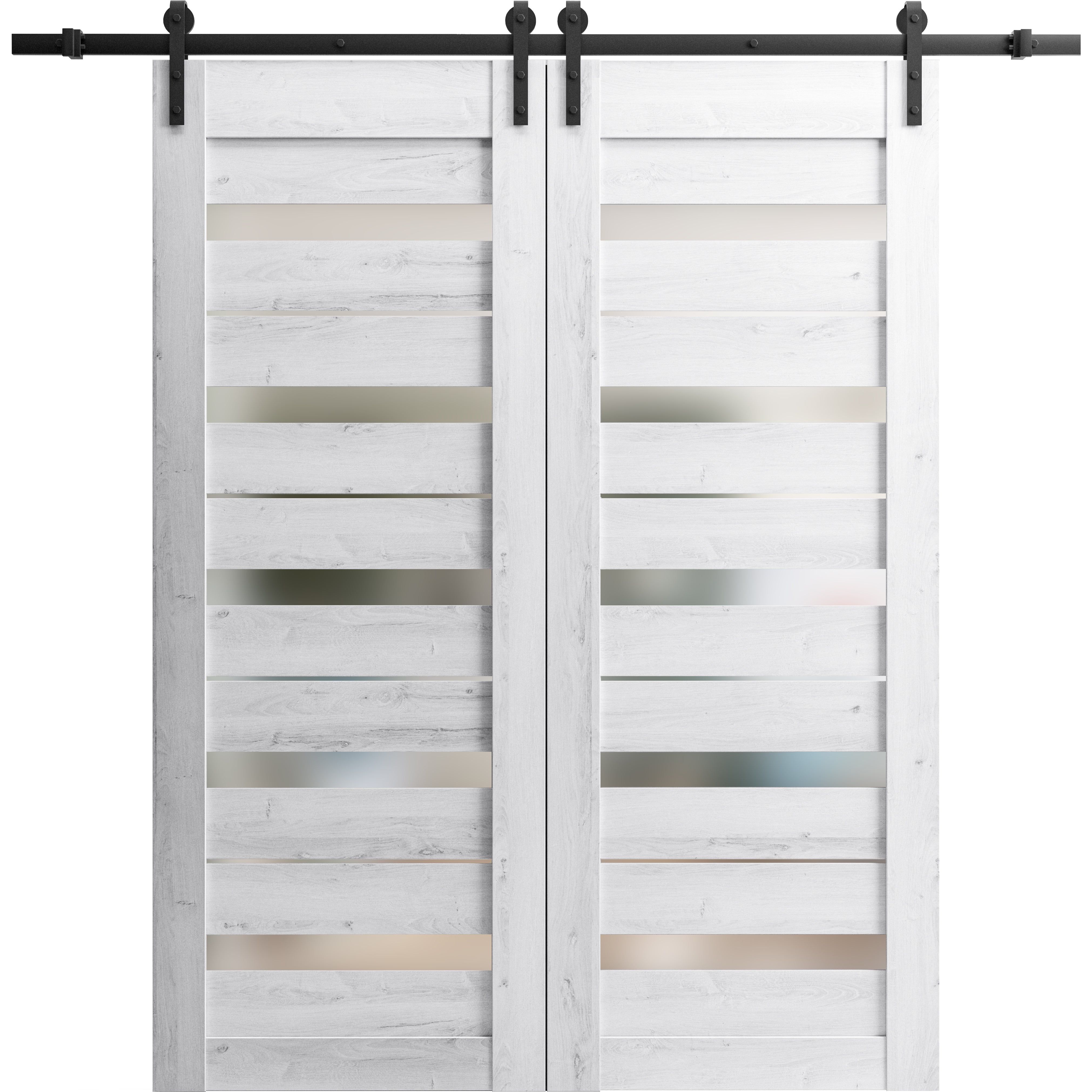 Sturdy Double Barn Door with Frosted Glass | Quadro 4445 Nebraska Grey | 13FT Rail Hangers Heavy Set | Solid Panel Interior Doors-48" x 96" (2* 24x96) Nordic White