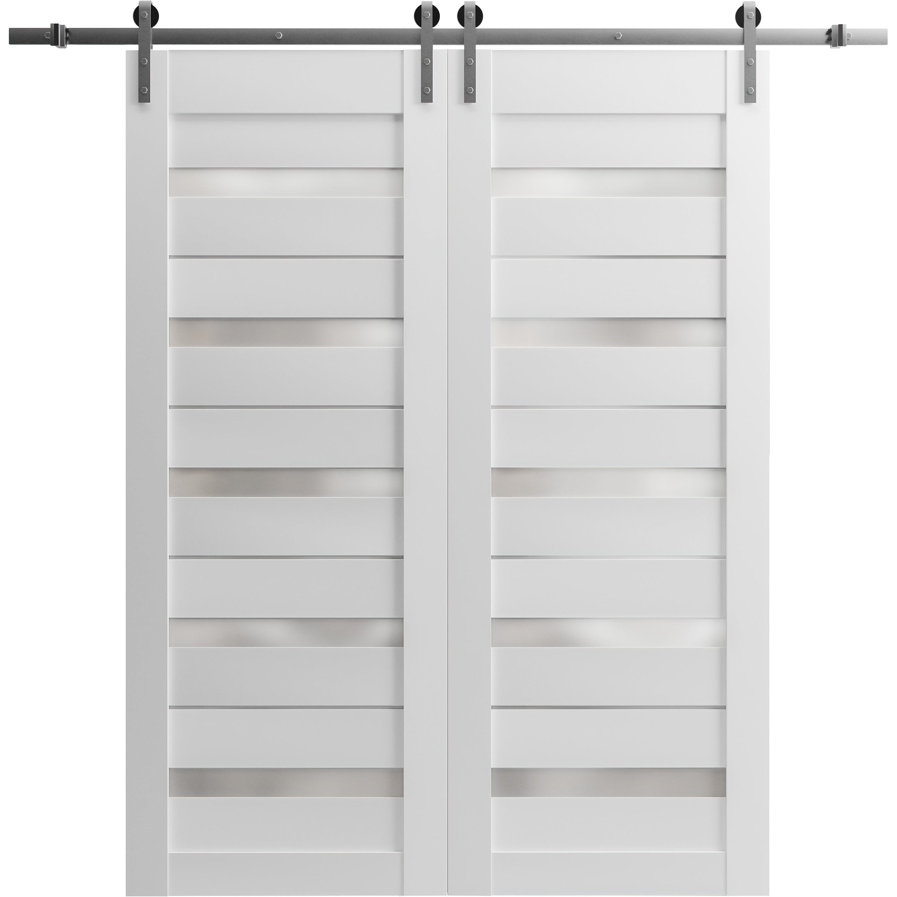 Sturdy Double Barn Door | Quadro 4445 Light Grey Oak with Frosted Glass | Silver 13FT Rail Hangers Heavy Set | Solid Panel Interior Doors White