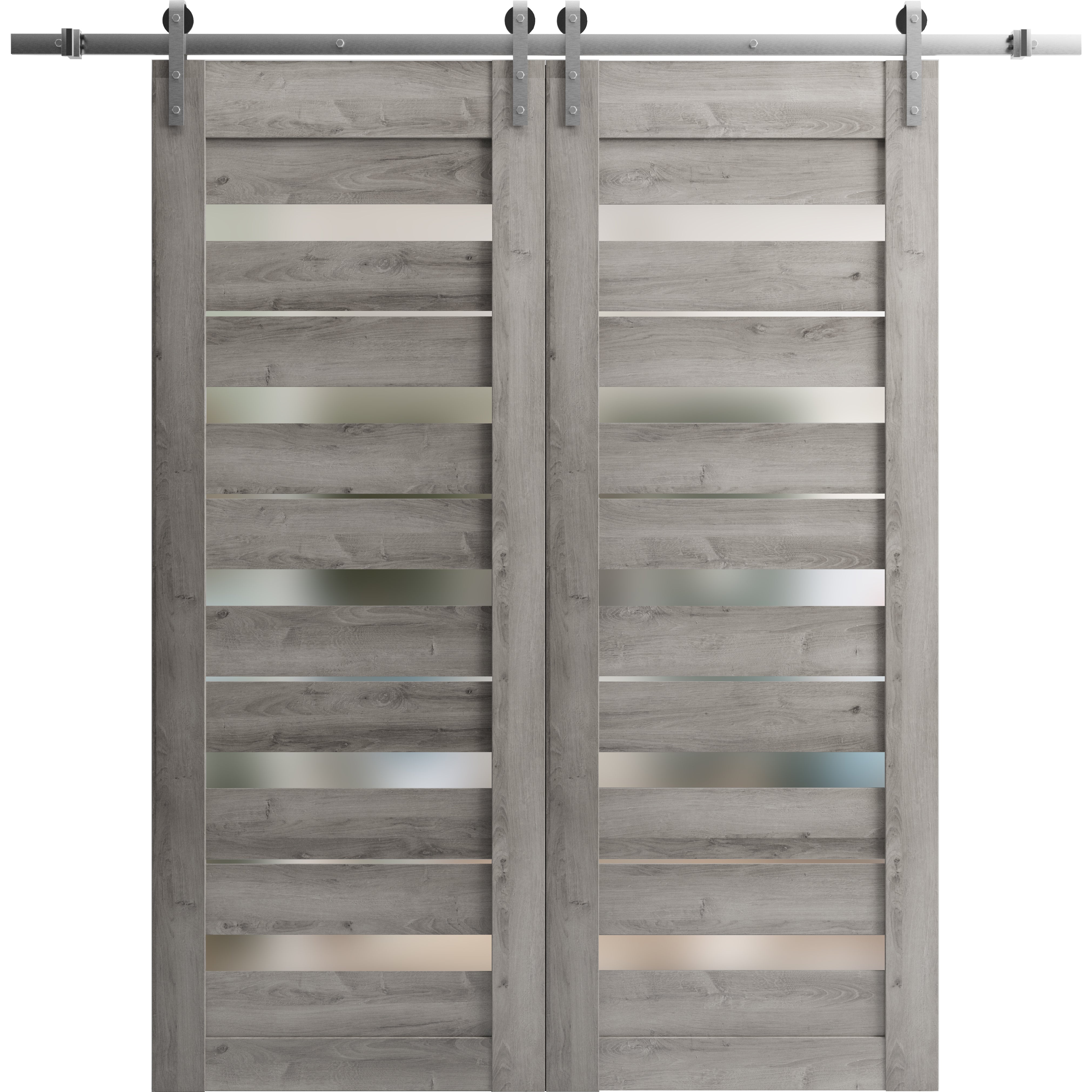 Sturdy Double Barn Door | Quadro 4445 Light Grey Oak with Frosted Glass | Silver 13FT Rail Hangers Heavy Set | Solid Panel Interior Doors Nebraska Grey