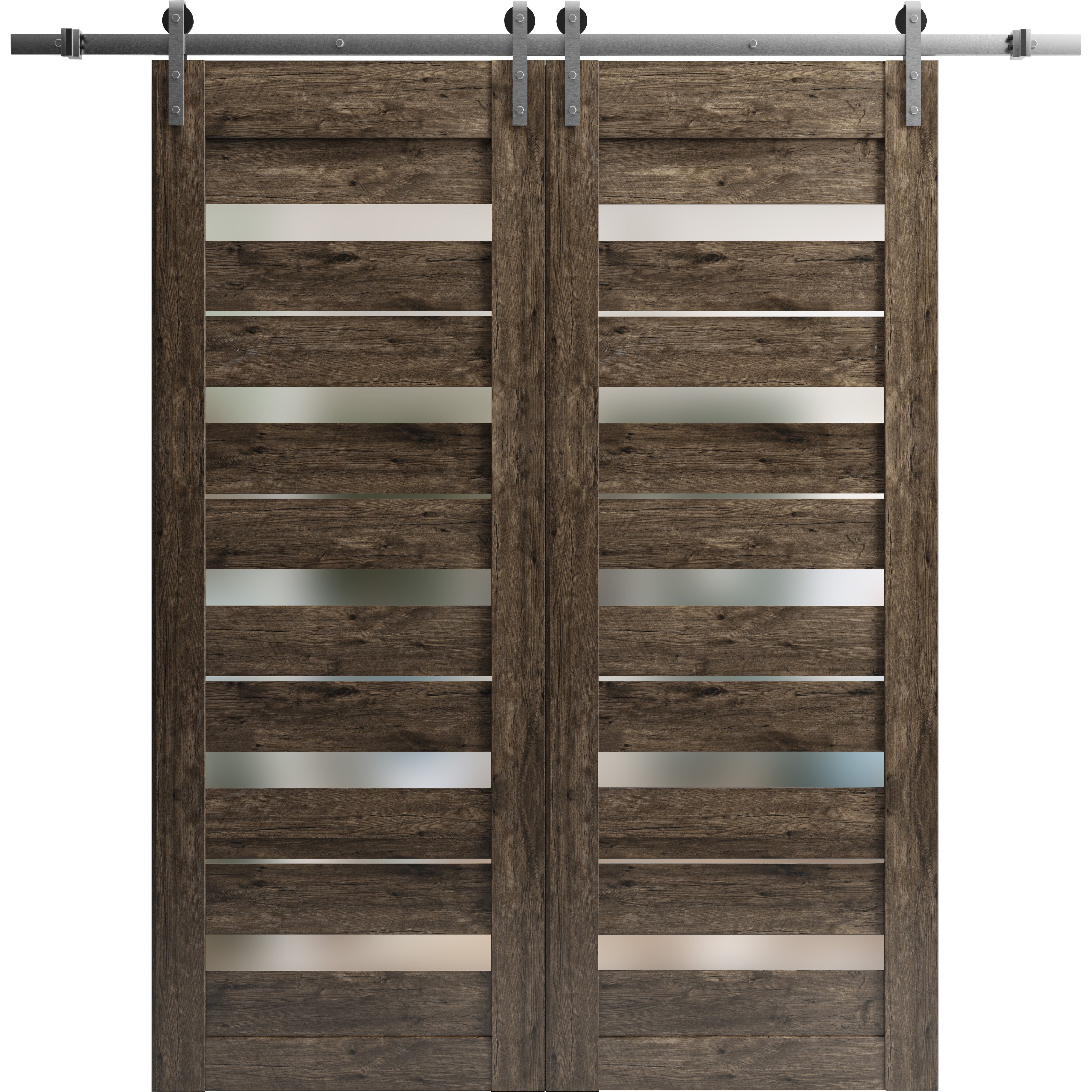Sturdy Double Barn Door | Quadro 4445 Light Grey Oak with Frosted Glass | Silver 13FT Rail Hangers Heavy Set | Solid Panel Interior Doors Cognac Oak