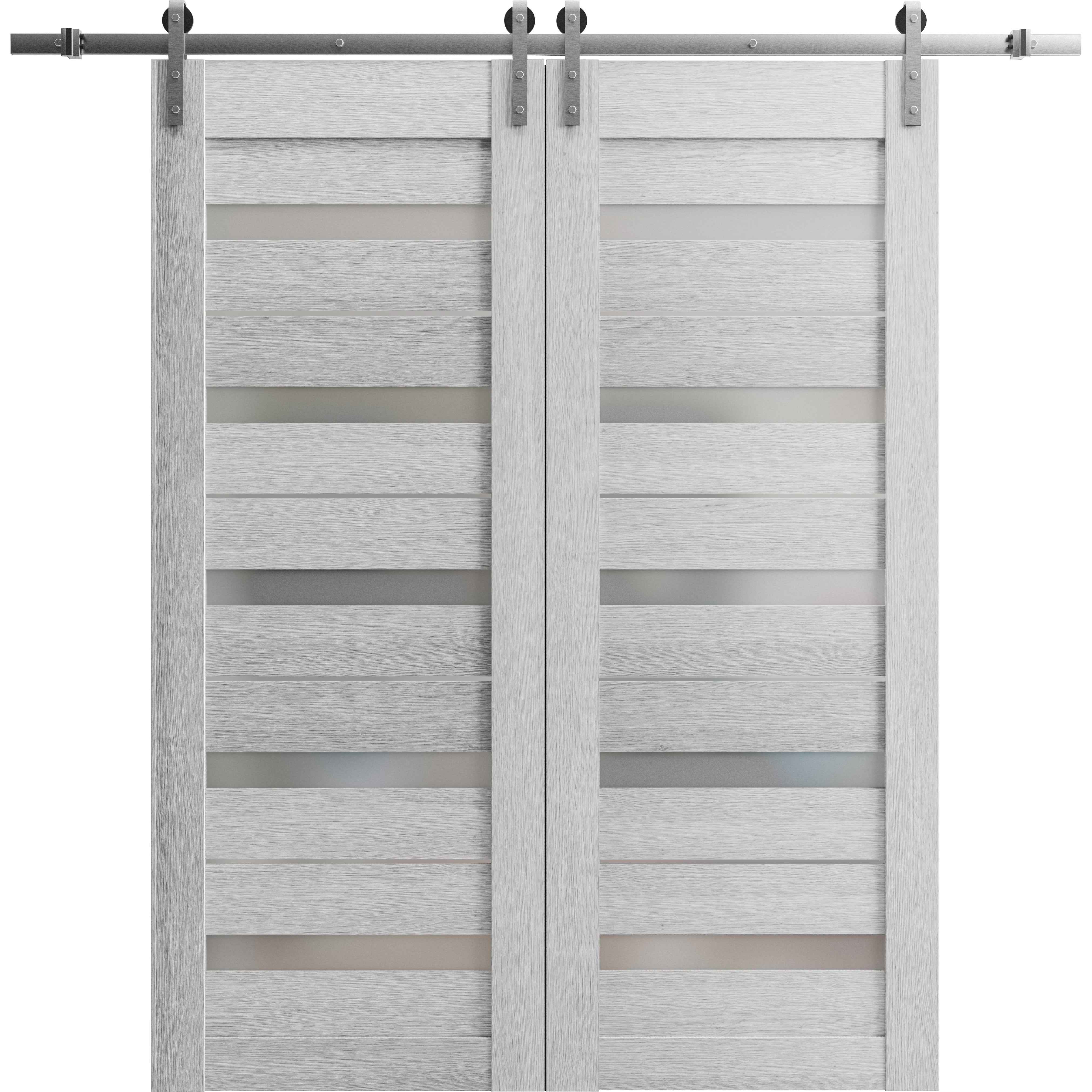 Sturdy Double Barn Door | Quadro 4445 Light Grey Oak with Frosted Glass | Silver 13FT Rail Hangers Heavy Set | Solid Panel Interior Doors Light Grey Oak