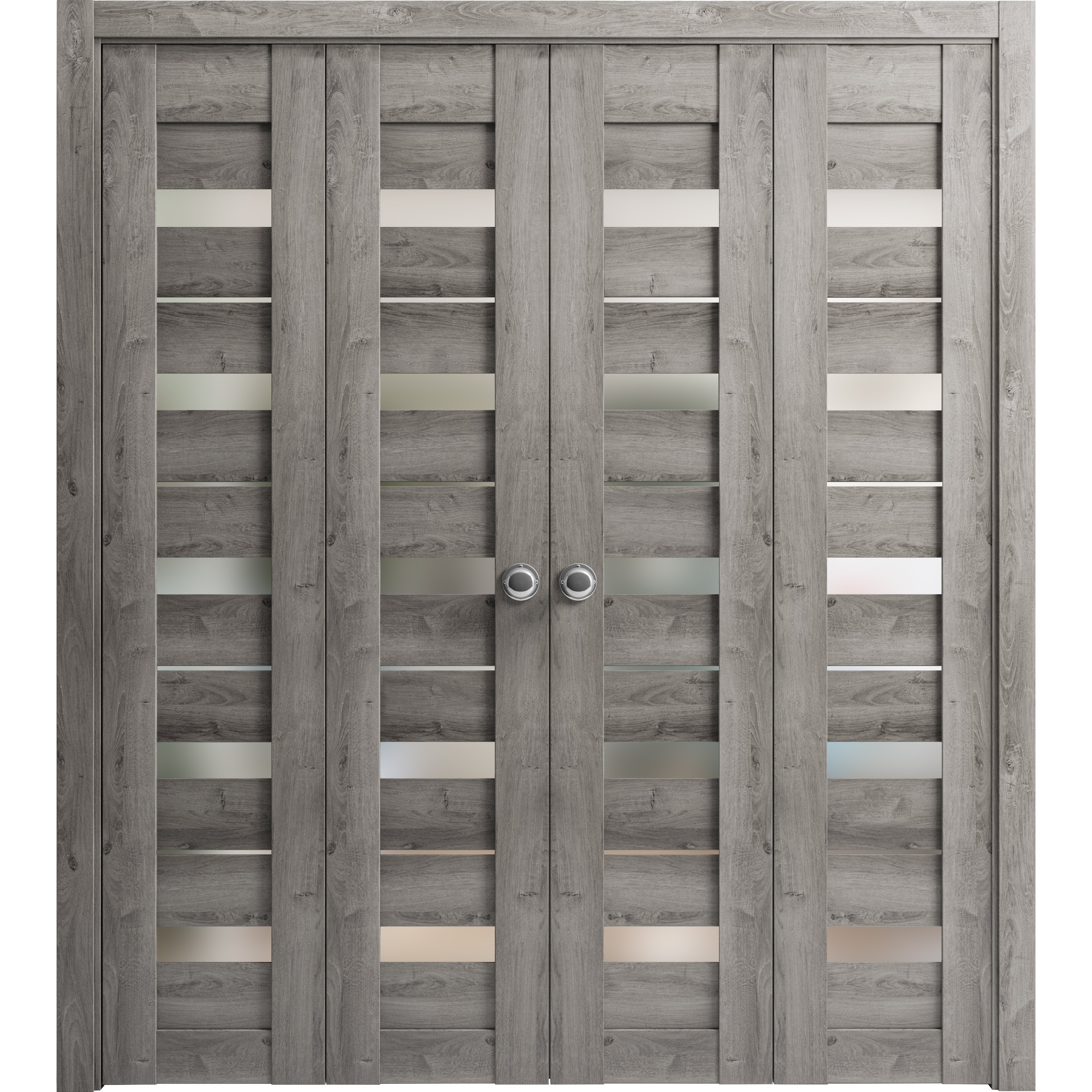 Sliding Closet Double Bi-fold Doors | Quadro 4445 White Silk with Frosted Glass | Sturdy Tracks Moldings Trims Hardware Set | Wood Solid Bedroom Wardrobe Doors  Nebraska Grey