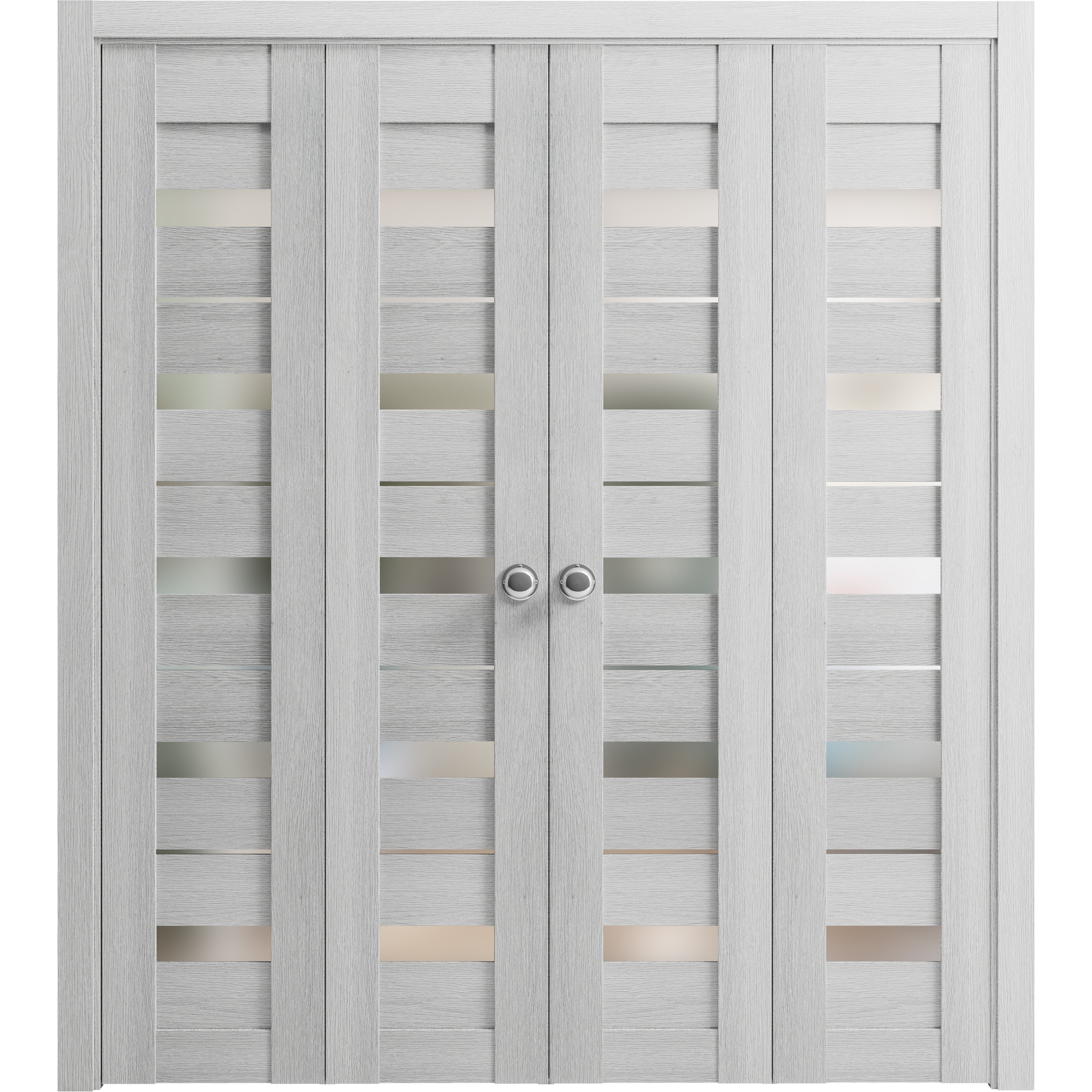 Sliding Closet Double Bi-fold Doors | Quadro 4445 White Silk with Frosted Glass | Sturdy Tracks Moldings Trims Hardware Set | Wood Solid Bedroom Wardrobe Doors  Light Grey Oak