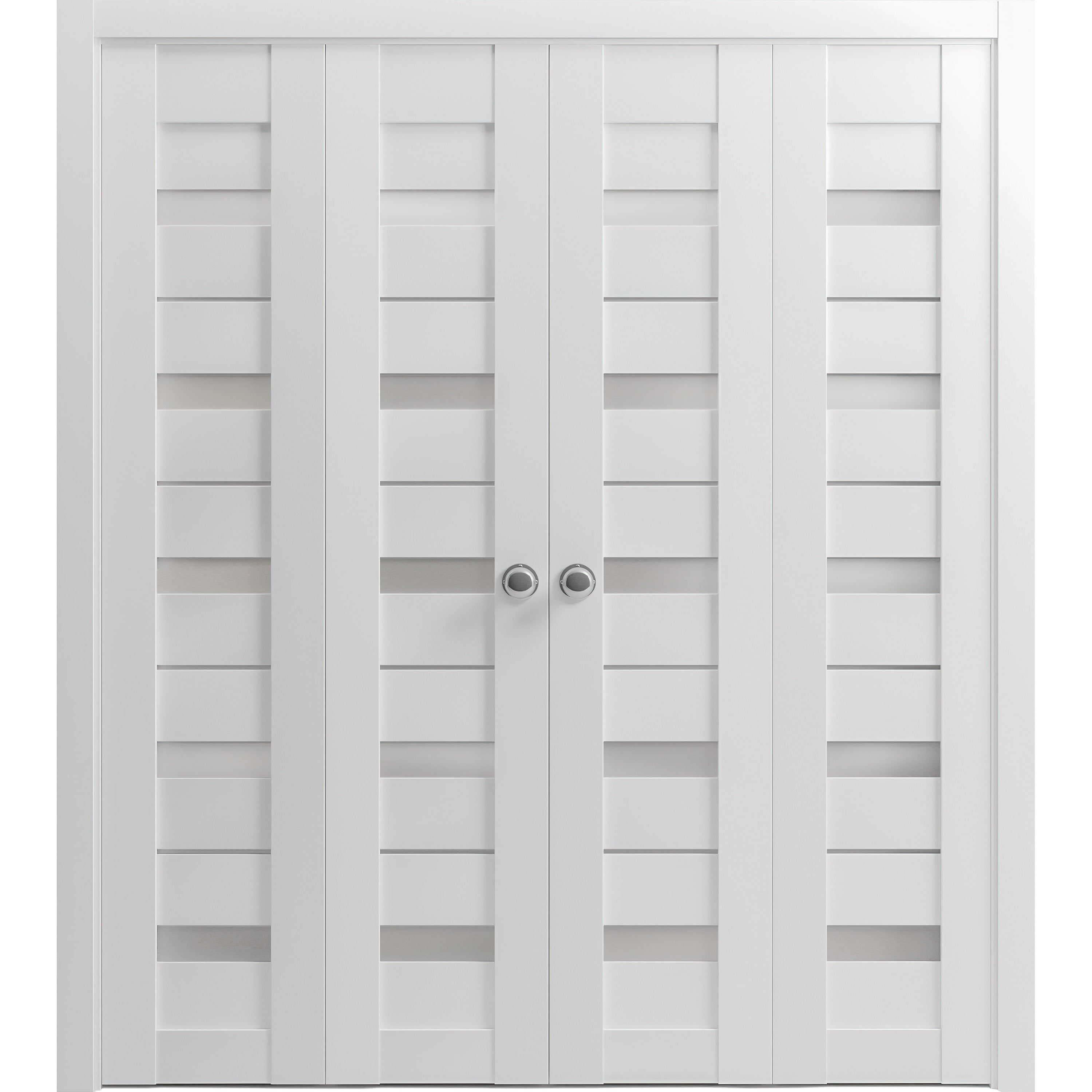 Sliding Closet Double Bi-fold Doors | Quadro 4445 White Silk with Frosted Glass | Sturdy Tracks Moldings Trims Hardware Set | Wood Solid Bedroom Wardrobe Doors  White