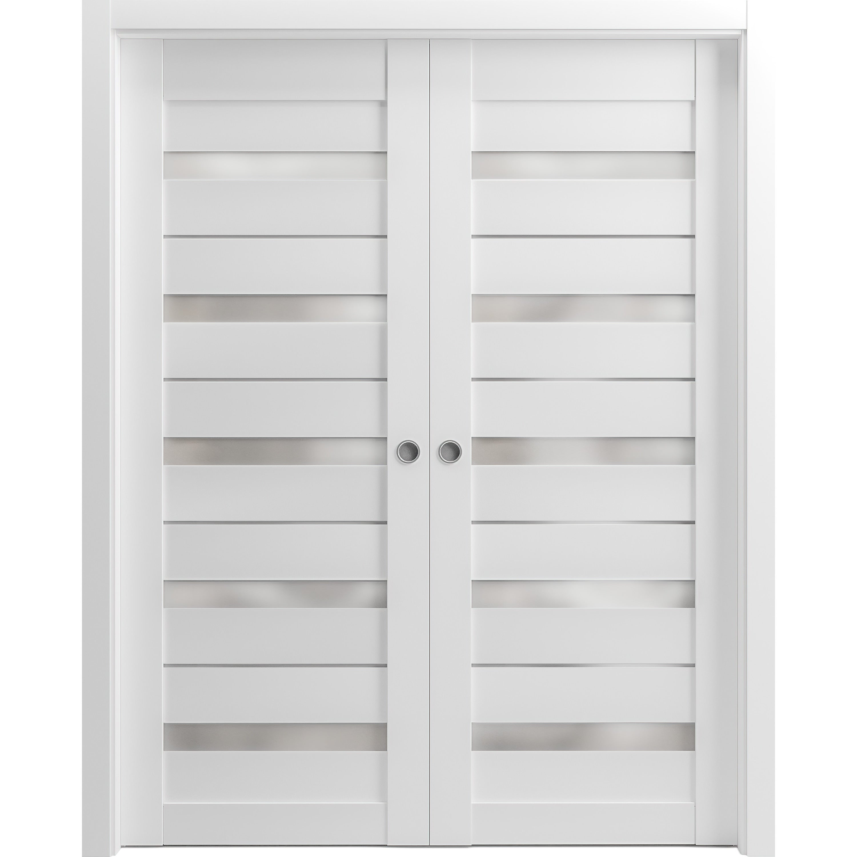 Sliding French Double Pocket Doors | Quadro 4445 Light Grey Oak with Frosted Glass | Kit Trims Rail Hardware | Solid Wood Interior Bedroom Sturdy Doors White