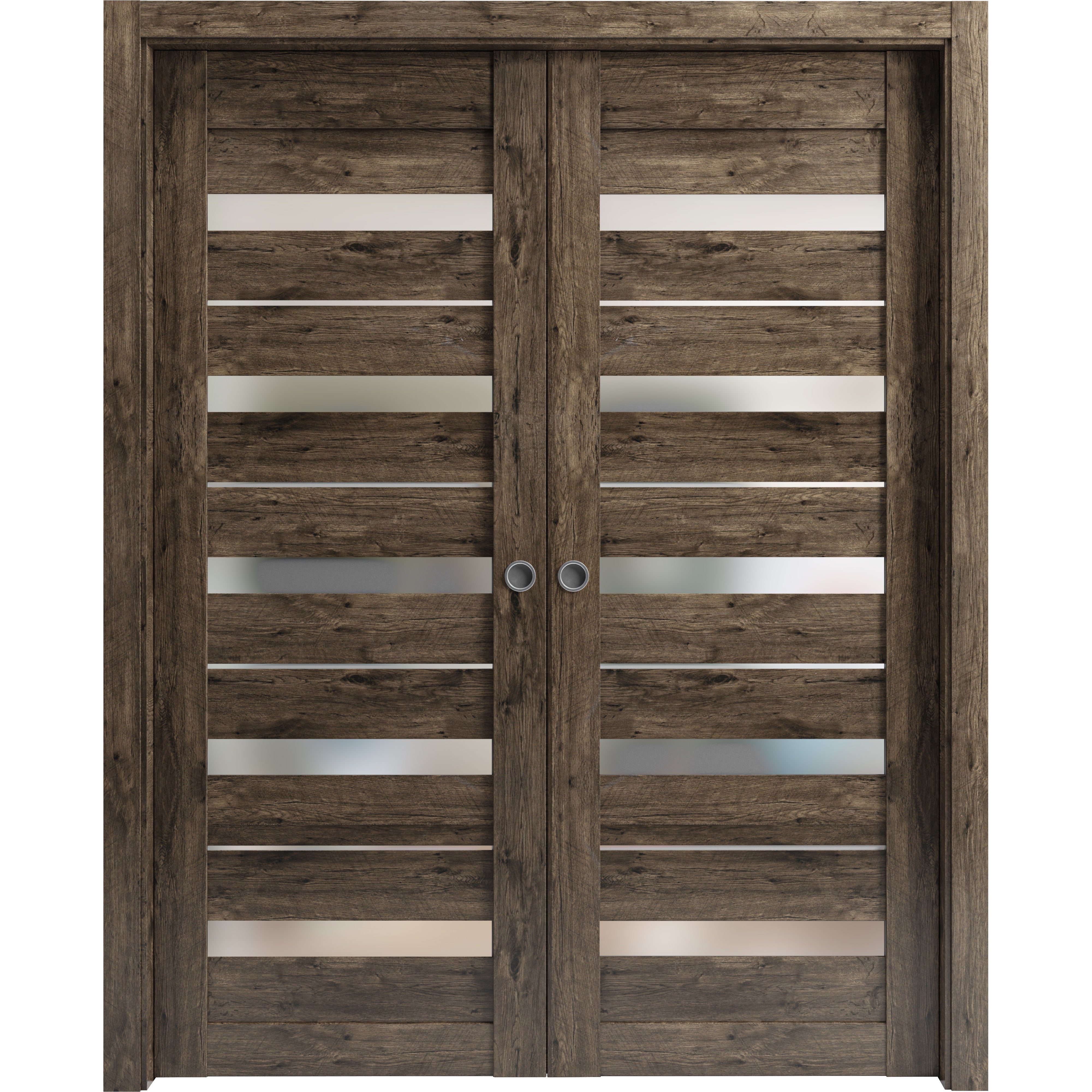 Sliding French Double Pocket Doors | Quadro 4445 Light Grey Oak with Frosted Glass | Kit Trims Rail Hardware | Solid Wood Interior Bedroom Sturdy Doors Cognac Oak