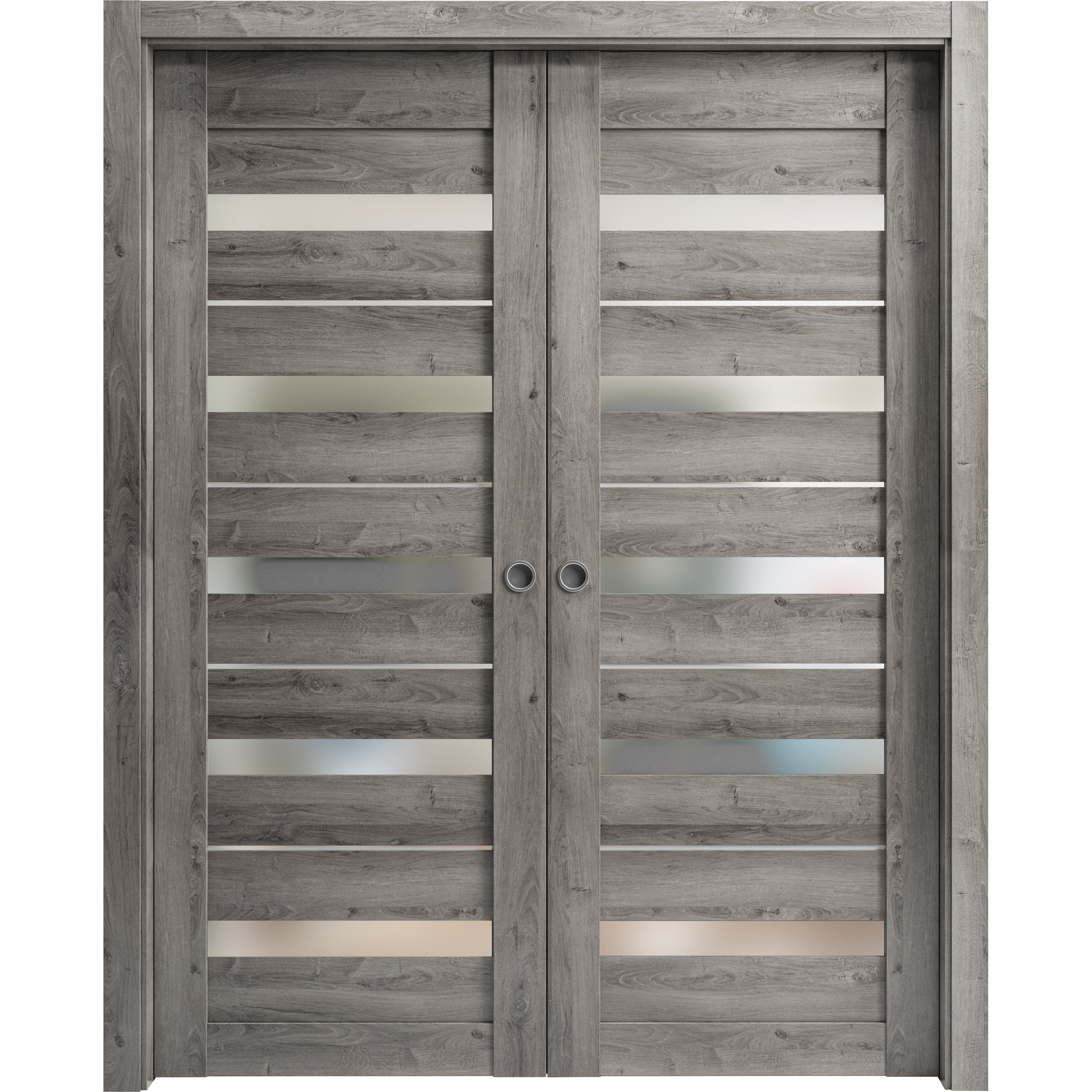 Sliding French Double Pocket Doors | Quadro 4445 Light Grey Oak with Frosted Glass | Kit Trims Rail Hardware | Solid Wood Interior Bedroom Sturdy Doors Nebraska Grey