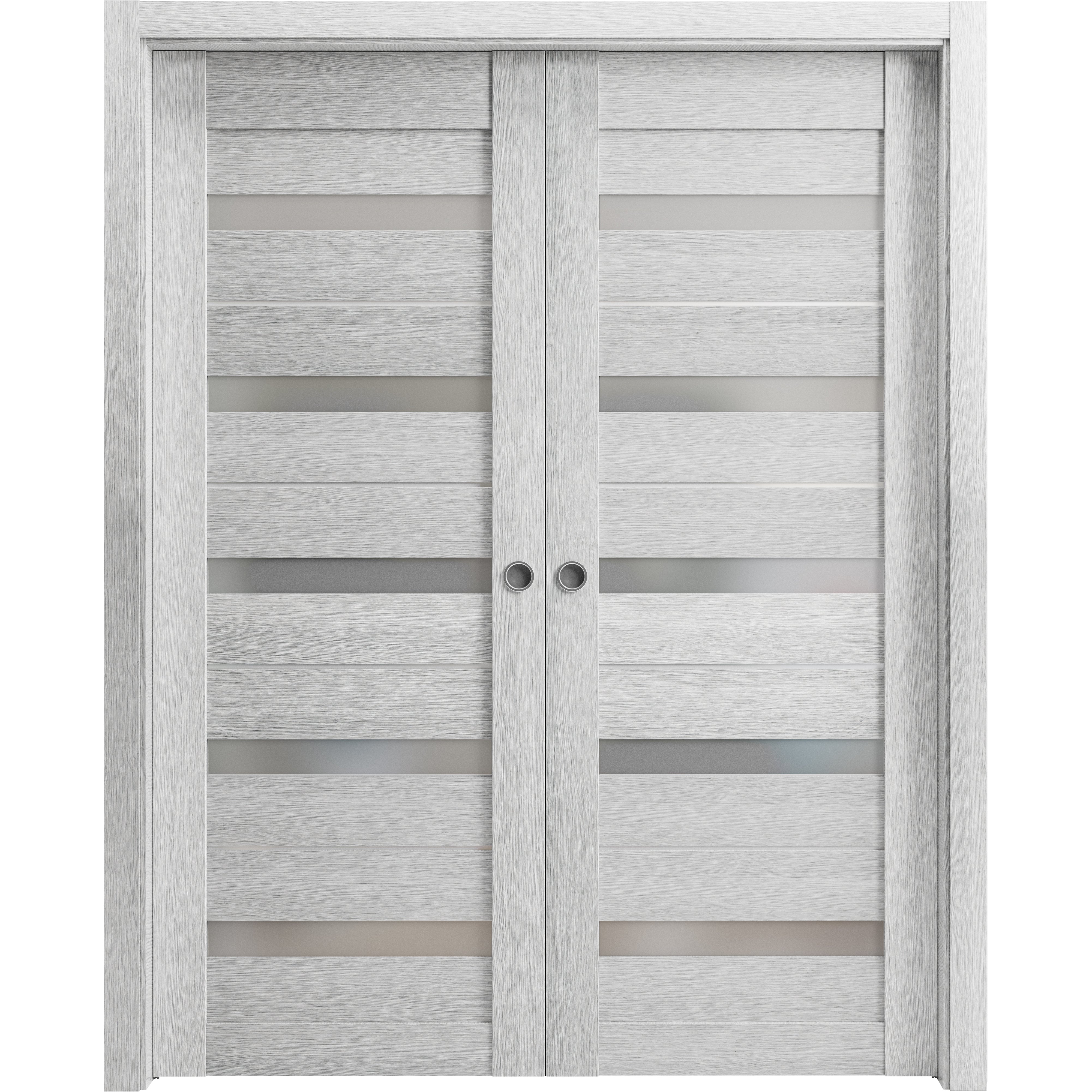 Sliding French Double Pocket Doors | Quadro 4445 Light Grey Oak with Frosted Glass | Kit Trims Rail Hardware | Solid Wood Interior Bedroom Sturdy Doors Light Grey Oak