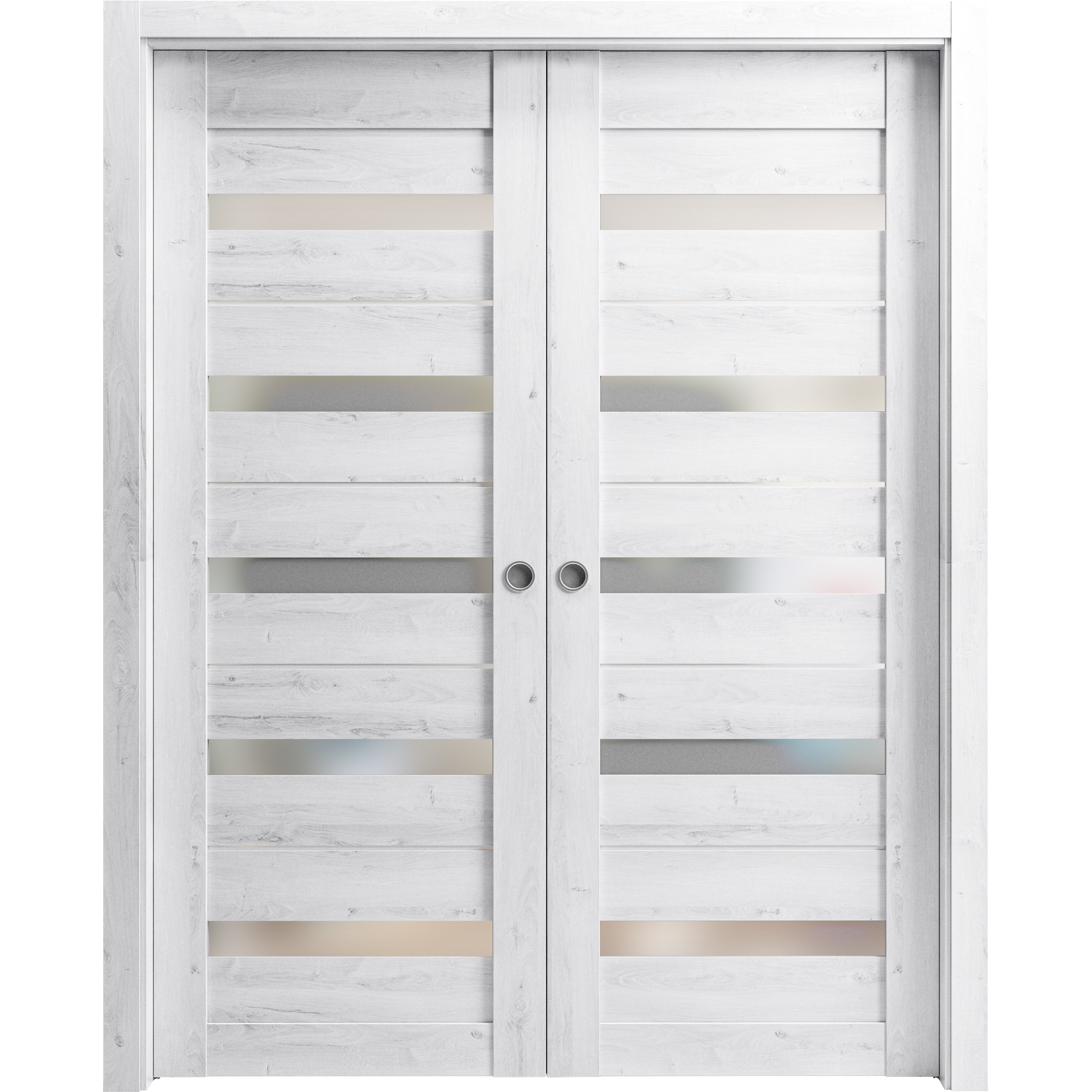 Sliding French Double Pocket Doors | Quadro 4445 Light Grey Oak with Frosted Glass | Kit Trims Rail Hardware | Solid Wood Interior Bedroom Sturdy Doors Nordic White