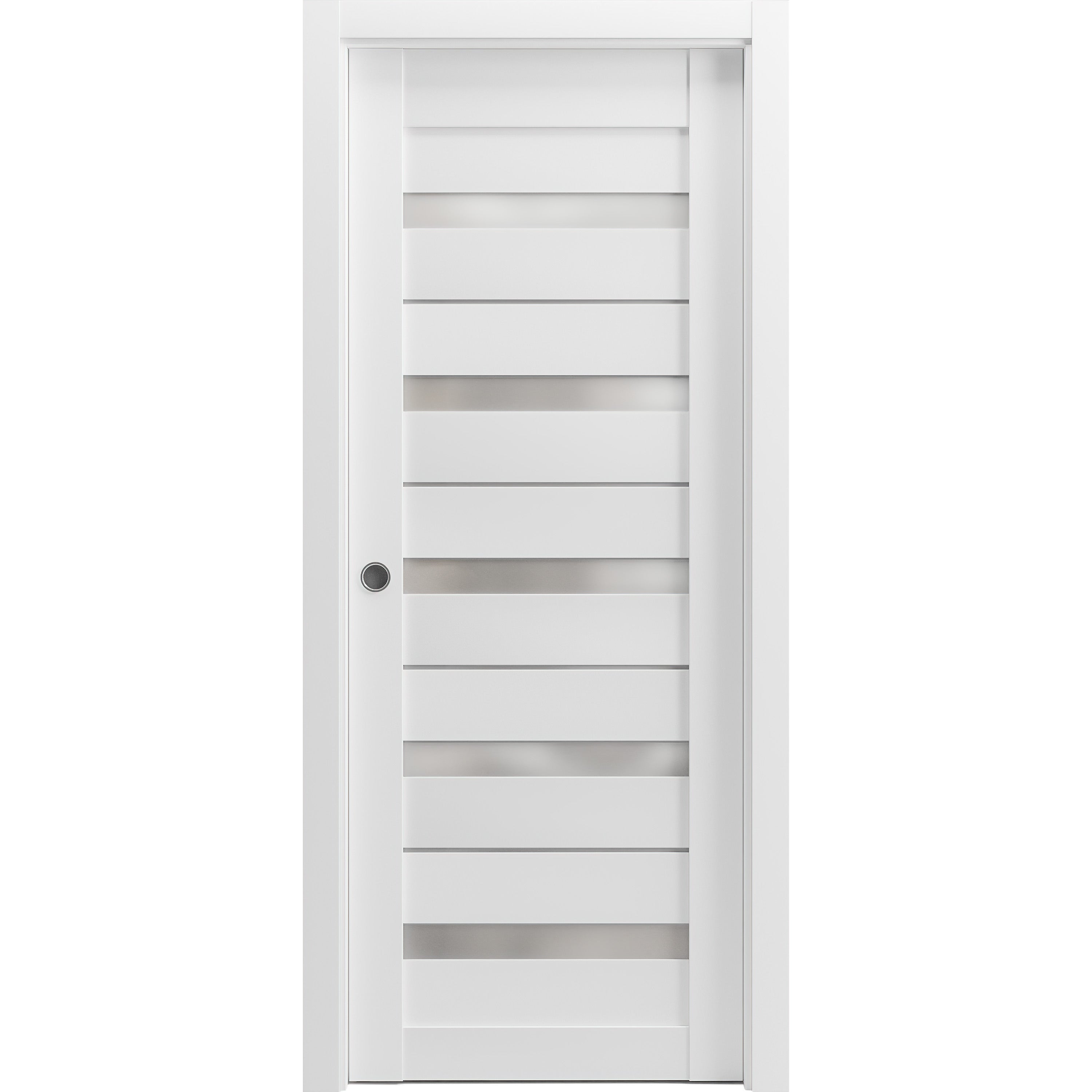 Sliding French Pocket Door with Frosted Glass | Quadro 4445 Light Grey Oak | Kit Trims Rail Hardware | Solid Wood Interior Bedroom Sturdy Doors-28" x 84" White