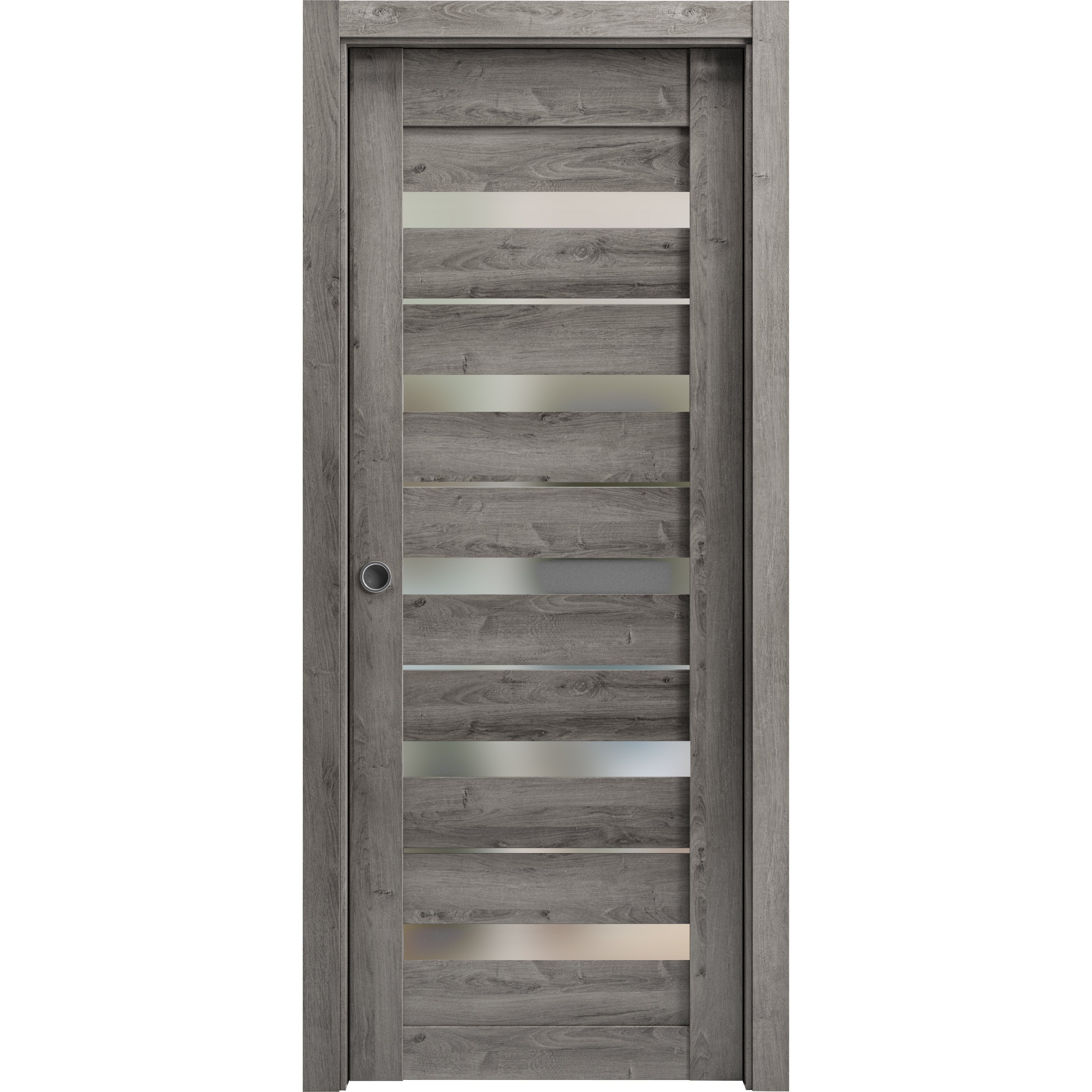 Sliding French Pocket Door with Frosted Glass | Quadro 4445 Light Grey Oak | Kit Trims Rail Hardware | Solid Wood Interior Bedroom Sturdy Doors-28" x 84" Nebraska Grey