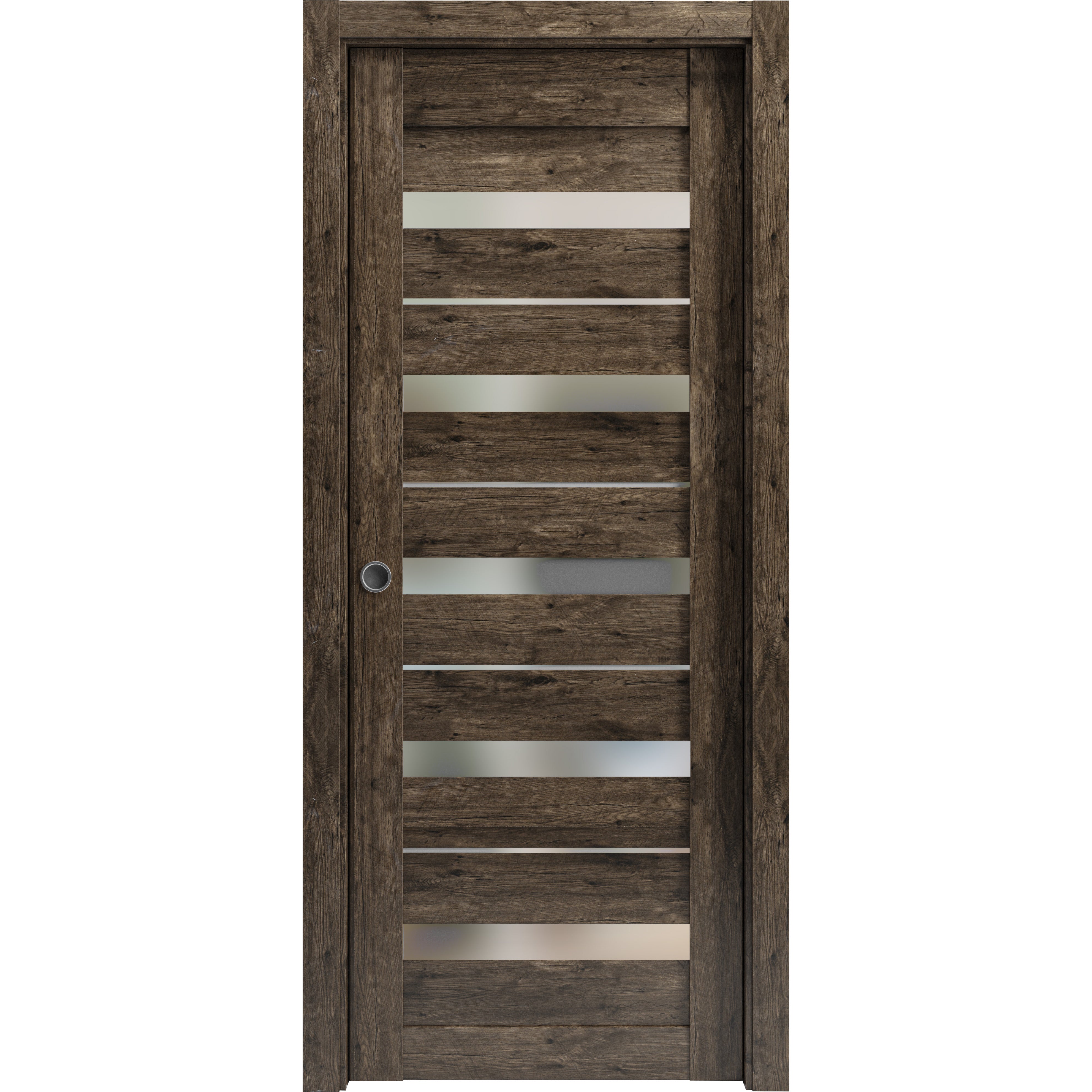 Sliding French Pocket Door with Frosted Glass | Quadro 4445 Light Grey Oak | Kit Trims Rail Hardware | Solid Wood Interior Bedroom Sturdy Doors-28" x 84" Cognac Oak