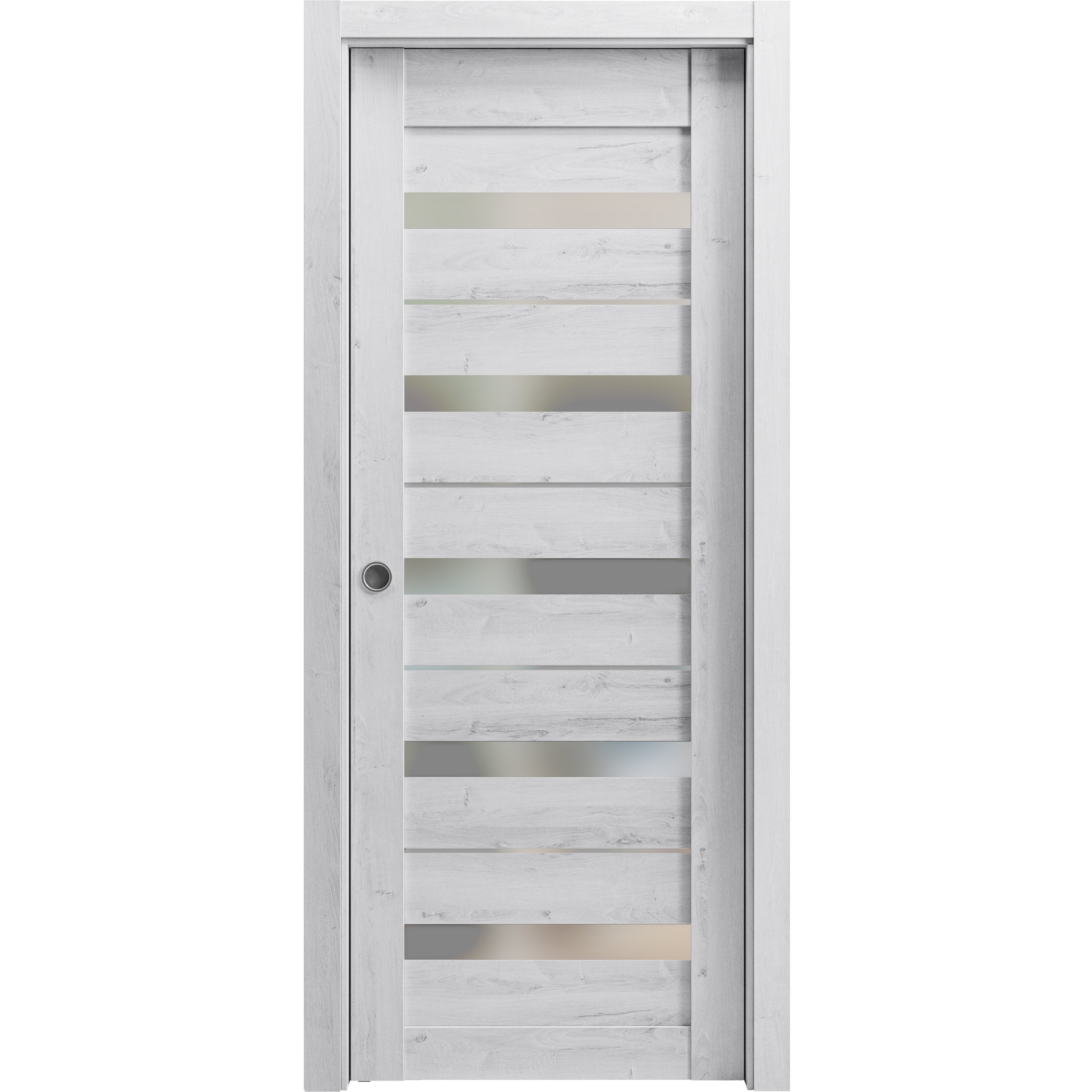 Sliding French Pocket Door with Frosted Glass | Quadro 4445 Light Grey Oak | Kit Trims Rail Hardware | Solid Wood Interior Bedroom Sturdy Doors-28" x 84" Nordic White