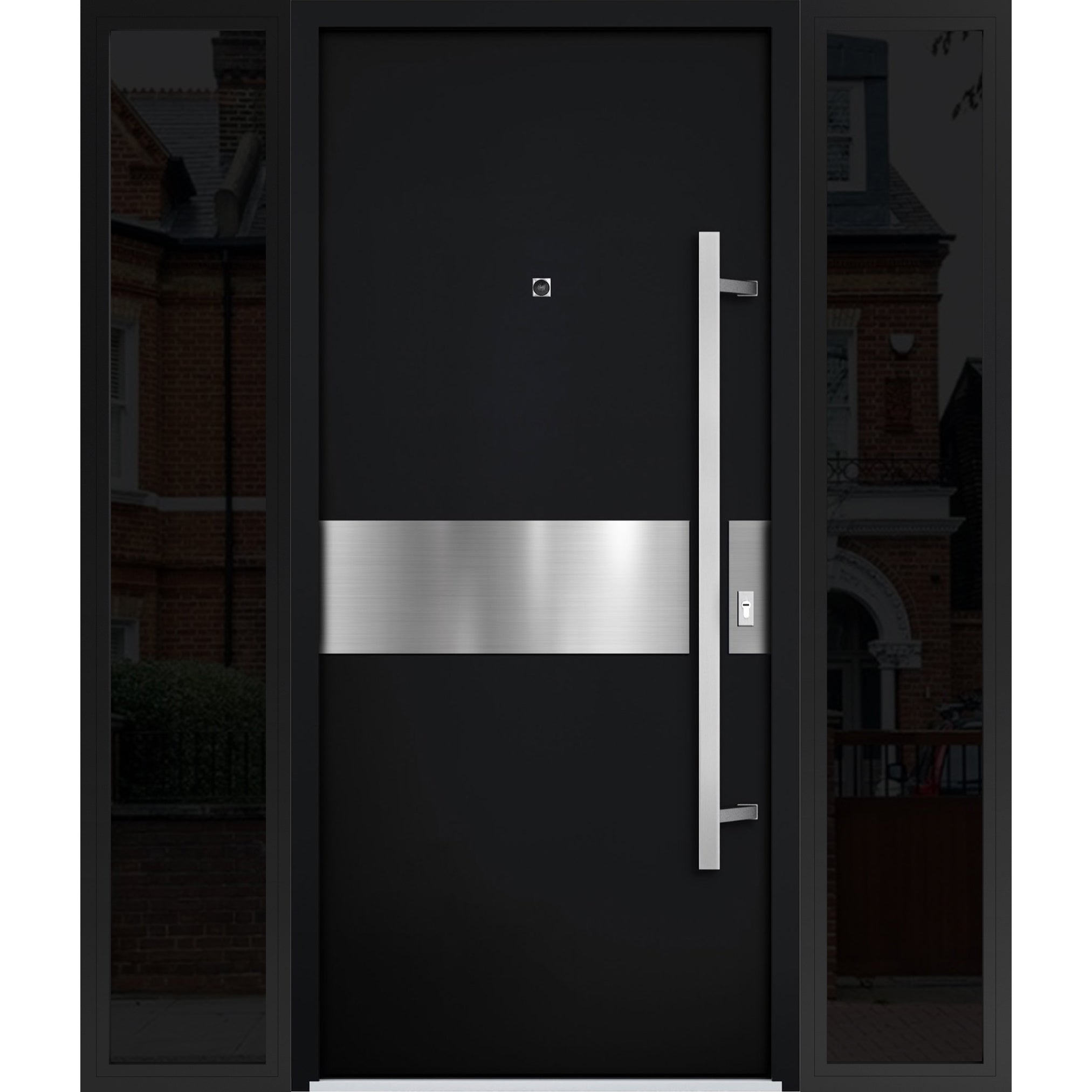 Front Exterior Prehung Steel Door / Deux 6072 Black Enamel / 2 Sidelight Exterior Windows Sidelites/ Entry Metal Modern Painted W12+36+12" x H80" Left hand Inswing Black
