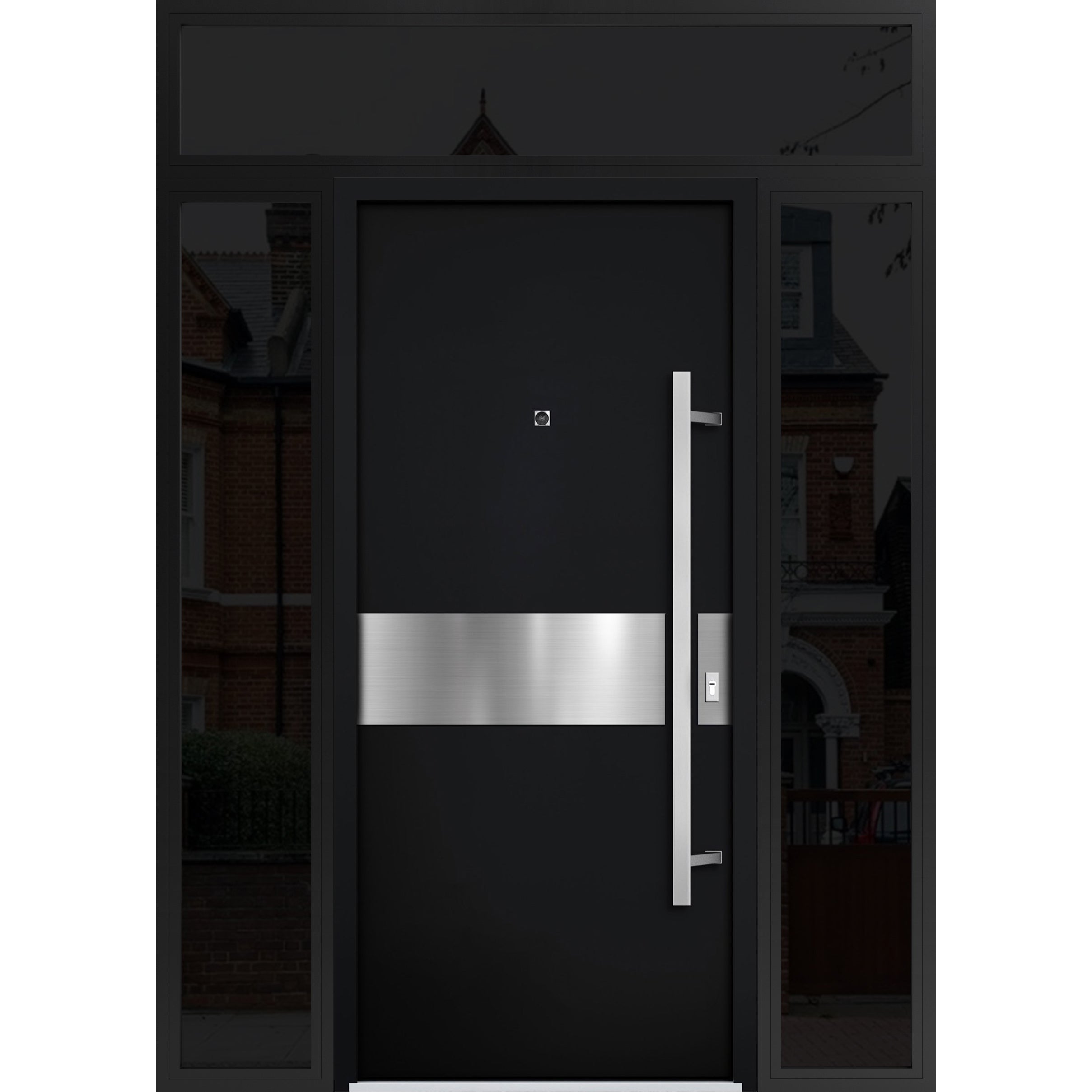 Front Exterior Prehung Steel Door / Deux 6072 Black Enamel / 2 Sidelight and Transom Window Sidelite / Entry Metal Modern Painted W16+36+16" x H80+16" Left hand Inswing Black