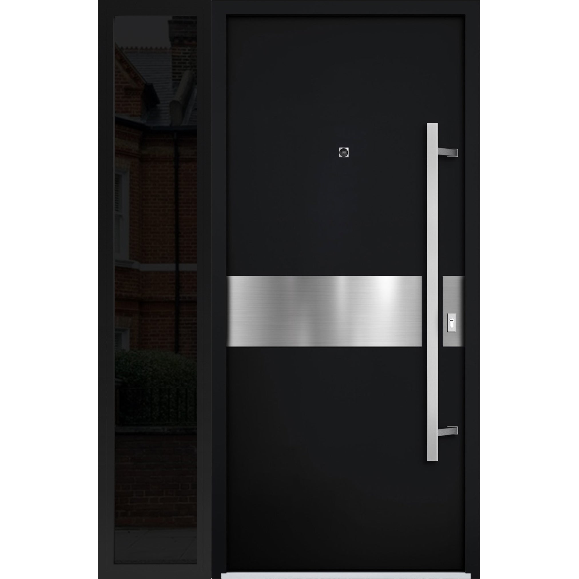 Front Exterior Prehung Steel Door / Deux 6072 Black Enamel / Sidelight Exterior Window Sidelite / Entry Metal Modern Painted W36+12" x H80" Left hand Inswing Black