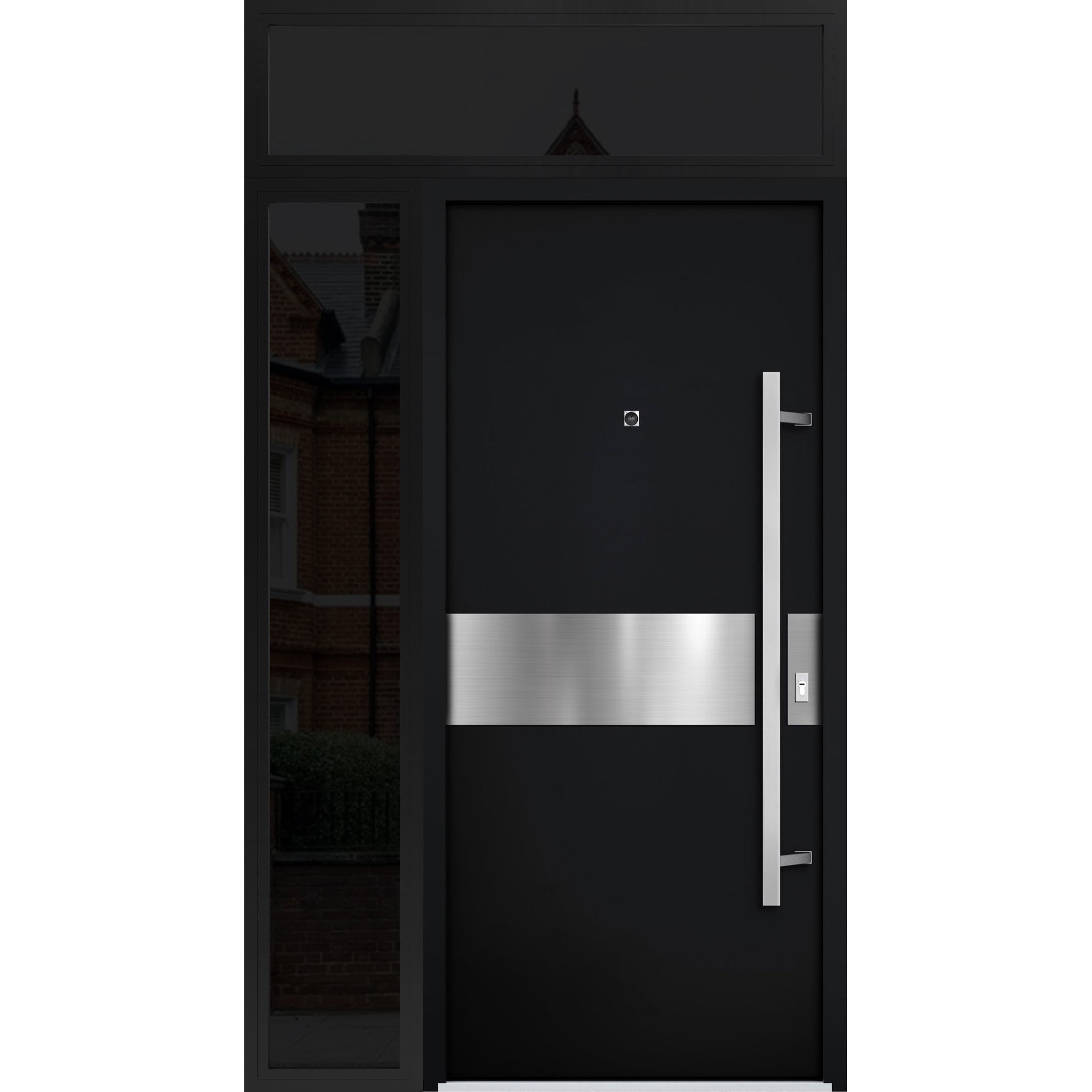 Front Exterior Prehung Steel Door / Deux 6072 Black Enamel / Sidelight and Transom Window Sidelite / Entry Metal Modern Painted W36+16" x H80+16" Left hand Inswing Black