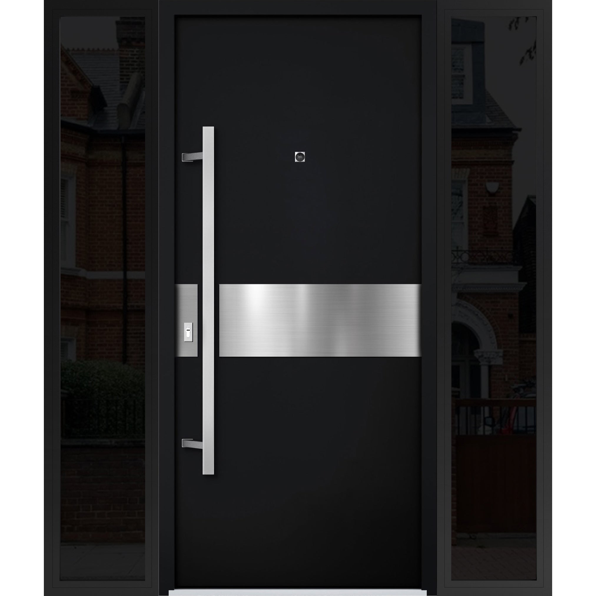 Front Exterior Prehung Steel Door / Deux 6072 Black Enamel / 2 Sidelight Exterior Windows Sidelites/ Entry Metal Modern Painted W16+36+16" x H80" Right hand Inswing Black