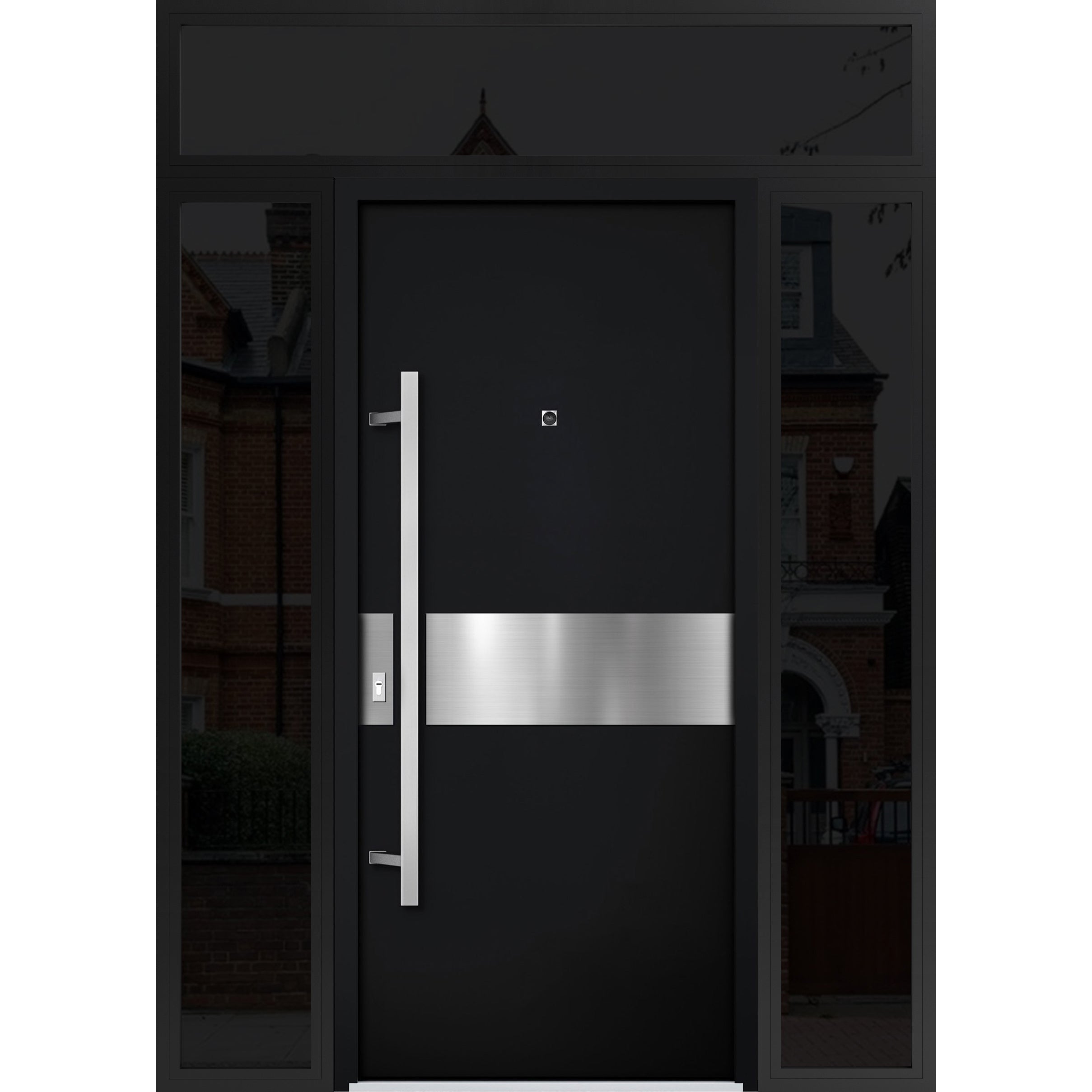 Front Exterior Prehung Steel Door / Deux 6072 Black Enamel / 2 Sidelight and Transom Window Sidelite / Entry Metal Modern Painted W12+36+12" x H80+16" Right hand Inswing Black