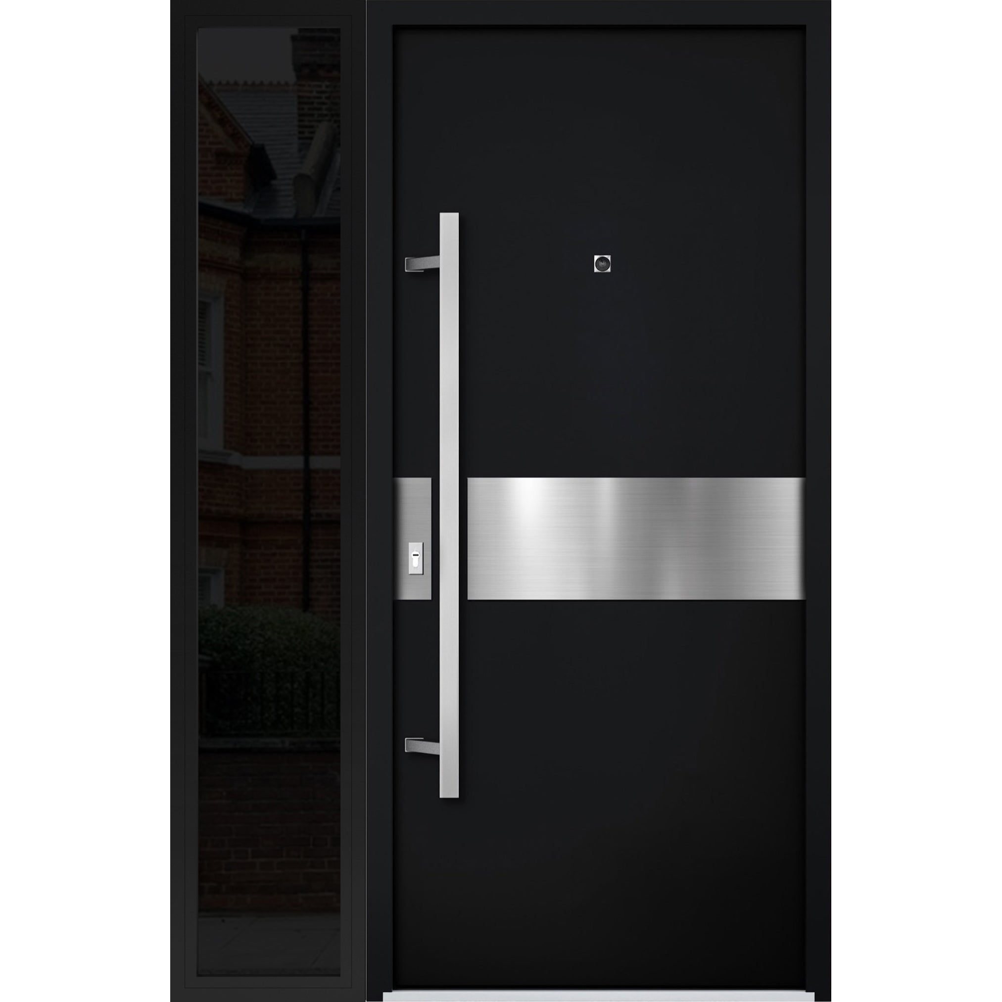 Front Exterior Prehung Steel Door / Deux 6072 Black Enamel / Sidelight Exterior Window Sidelite / Entry Metal Modern Painted W36+14" x H80" Right hand Inswing Black
