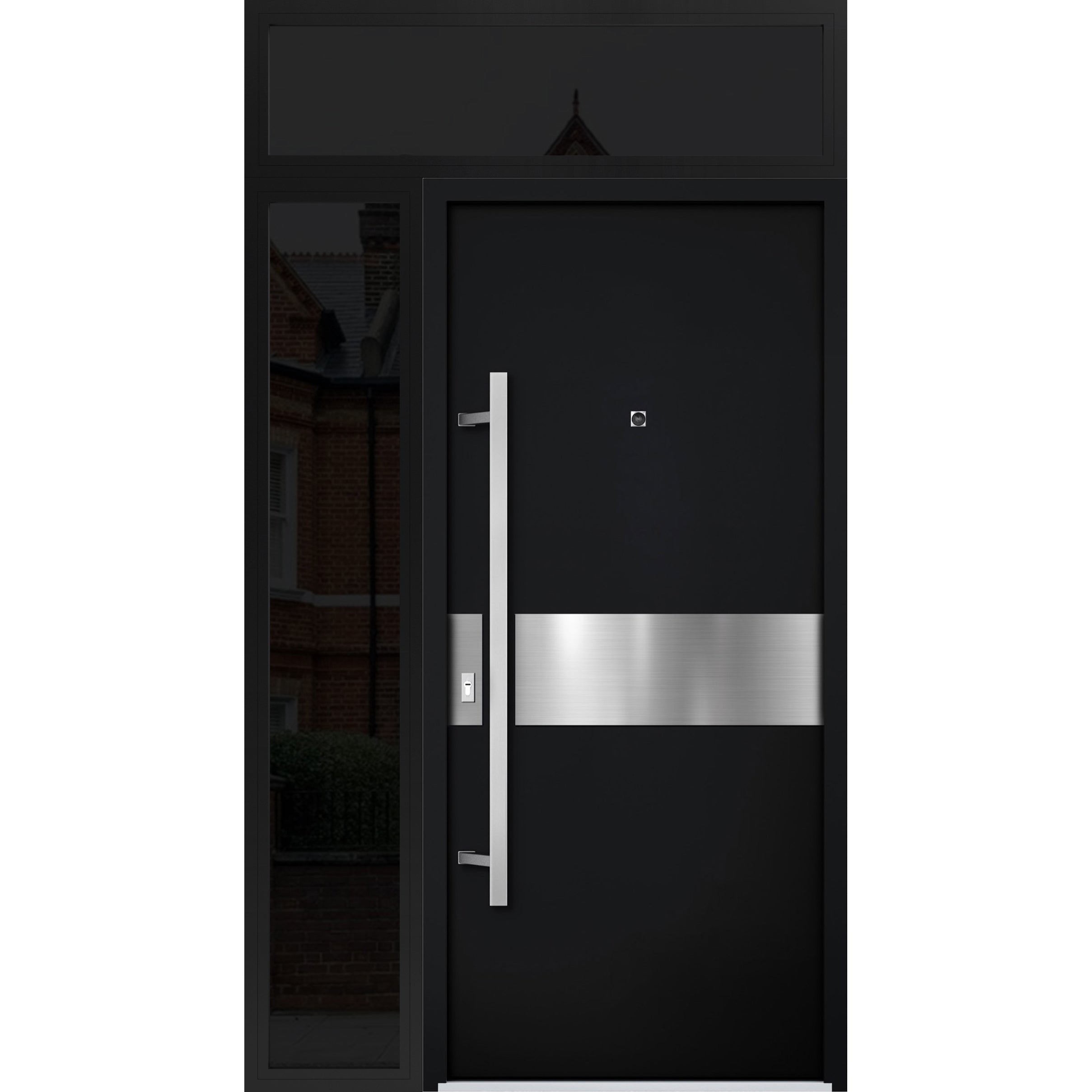 Front Exterior Prehung Steel Door / Deux 6072 Black Enamel / Sidelight and Transom Window Sidelite / Entry Metal Modern Painted W36+14" x H80+16" Right hand Inswing Black